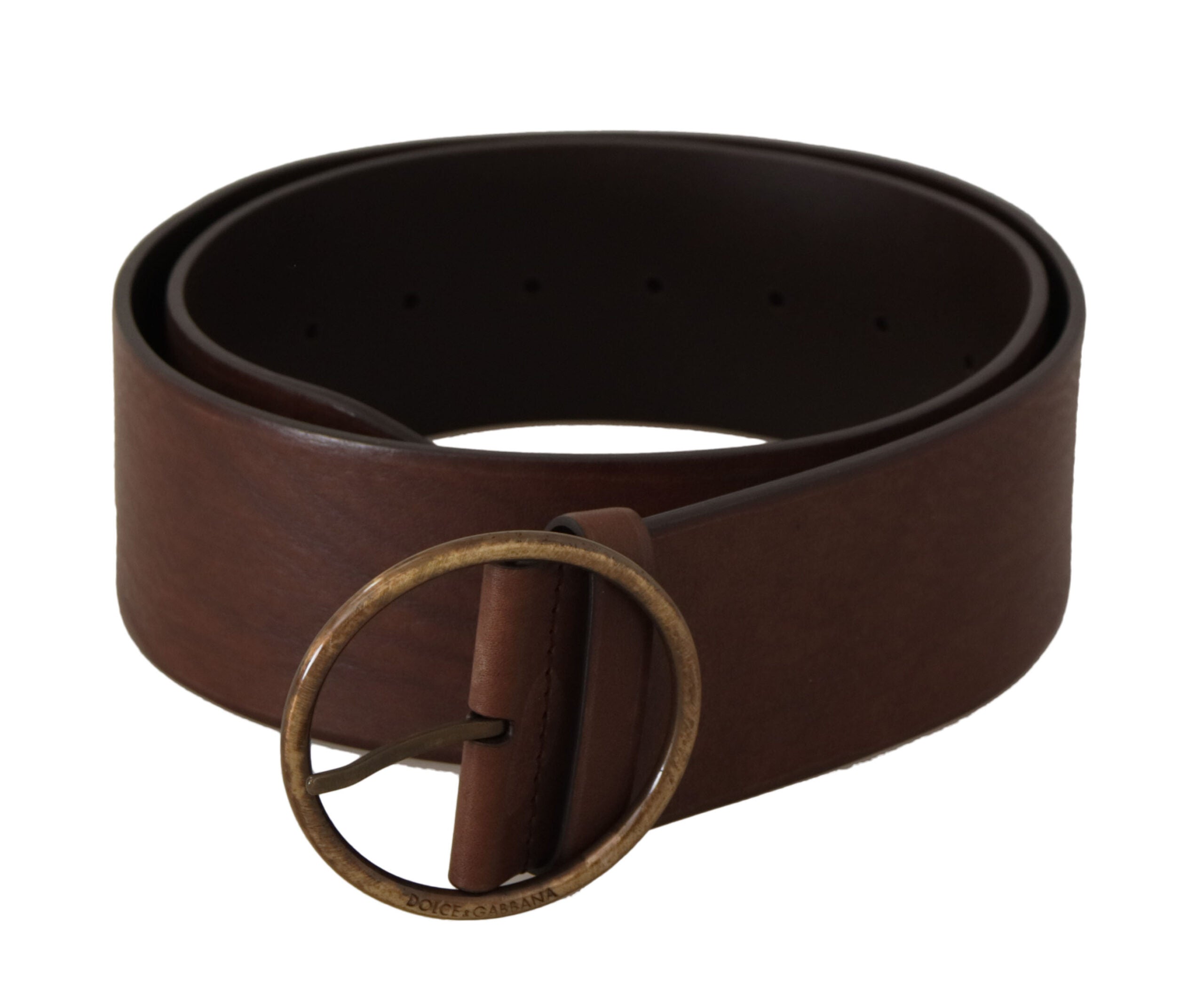 Brown Leather Wide Waist Logo Metal Round Buckle Belt Dolce & Gabbana