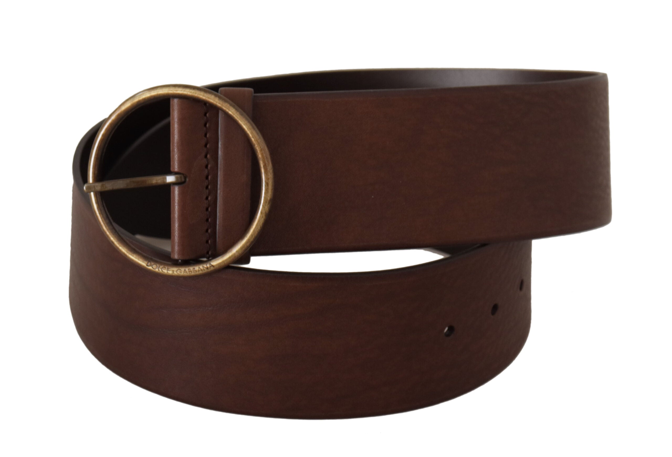 Brown Leather Wide Waist Logo Metal Round Buckle Belt Dolce & Gabbana