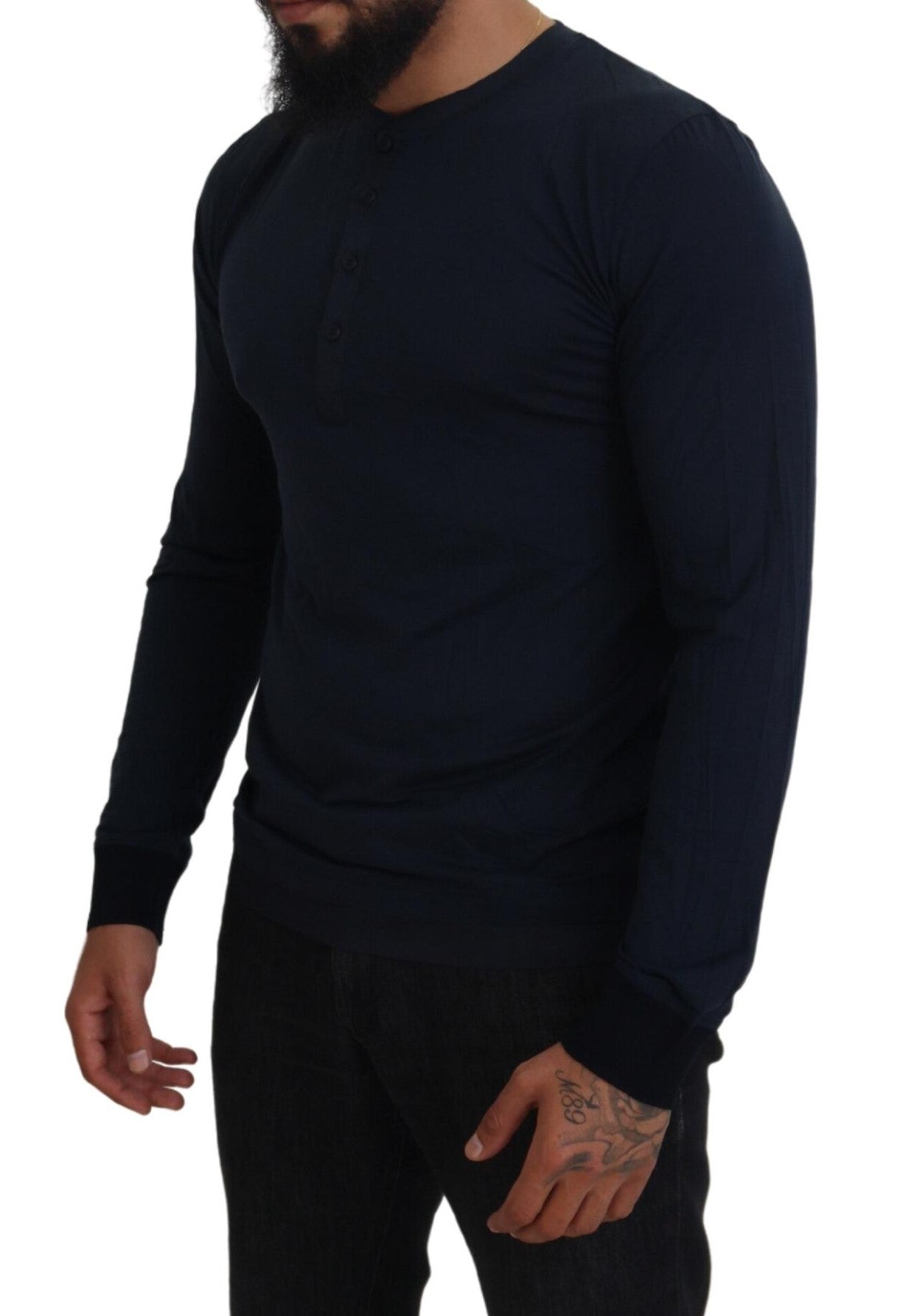 Blue Cotton Button Crewneck Pullover Sweater Dolce & Gabbana