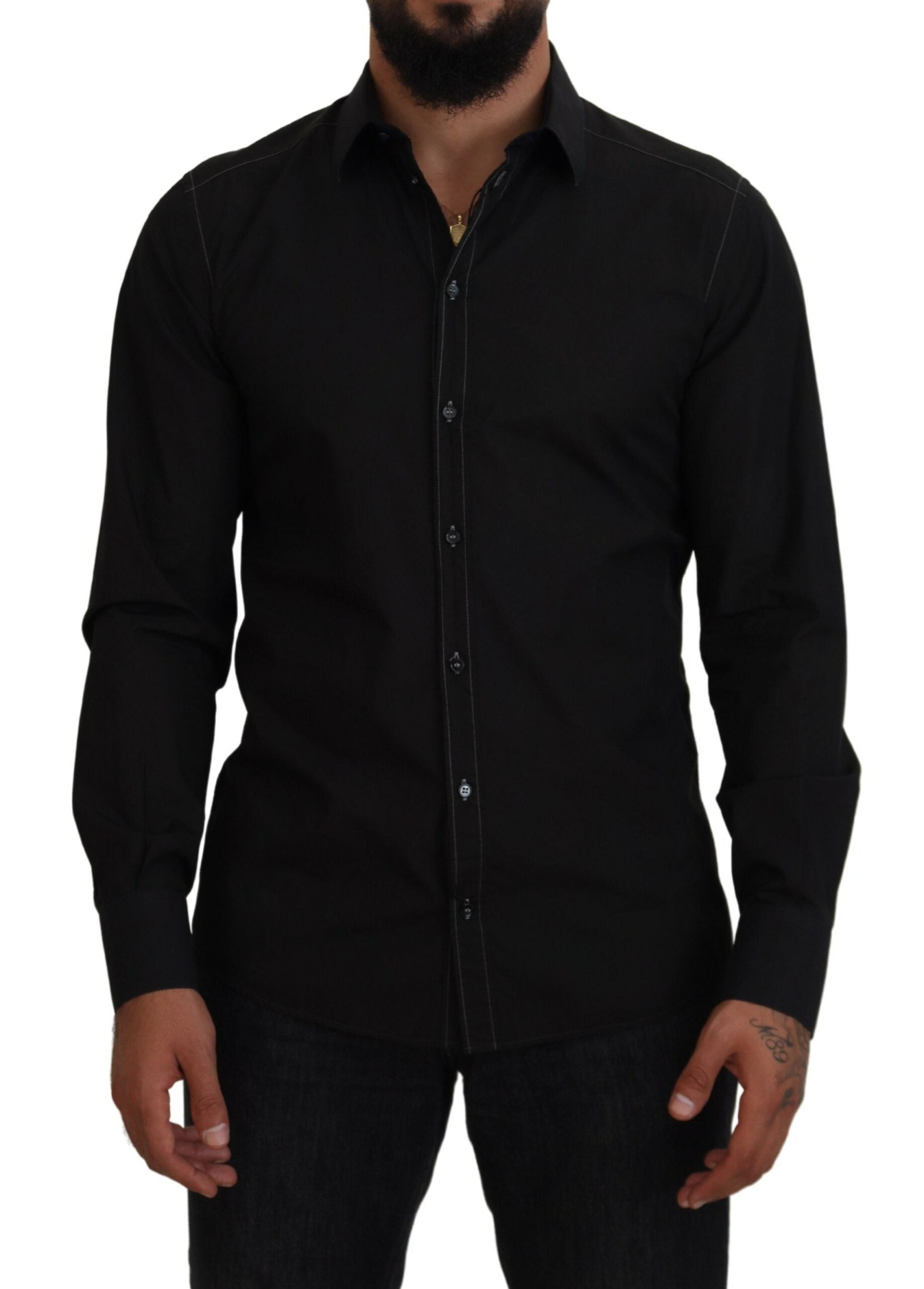 Black Cotton Collared Long Sleeve GOLD Shirt Dolce & Gabbana