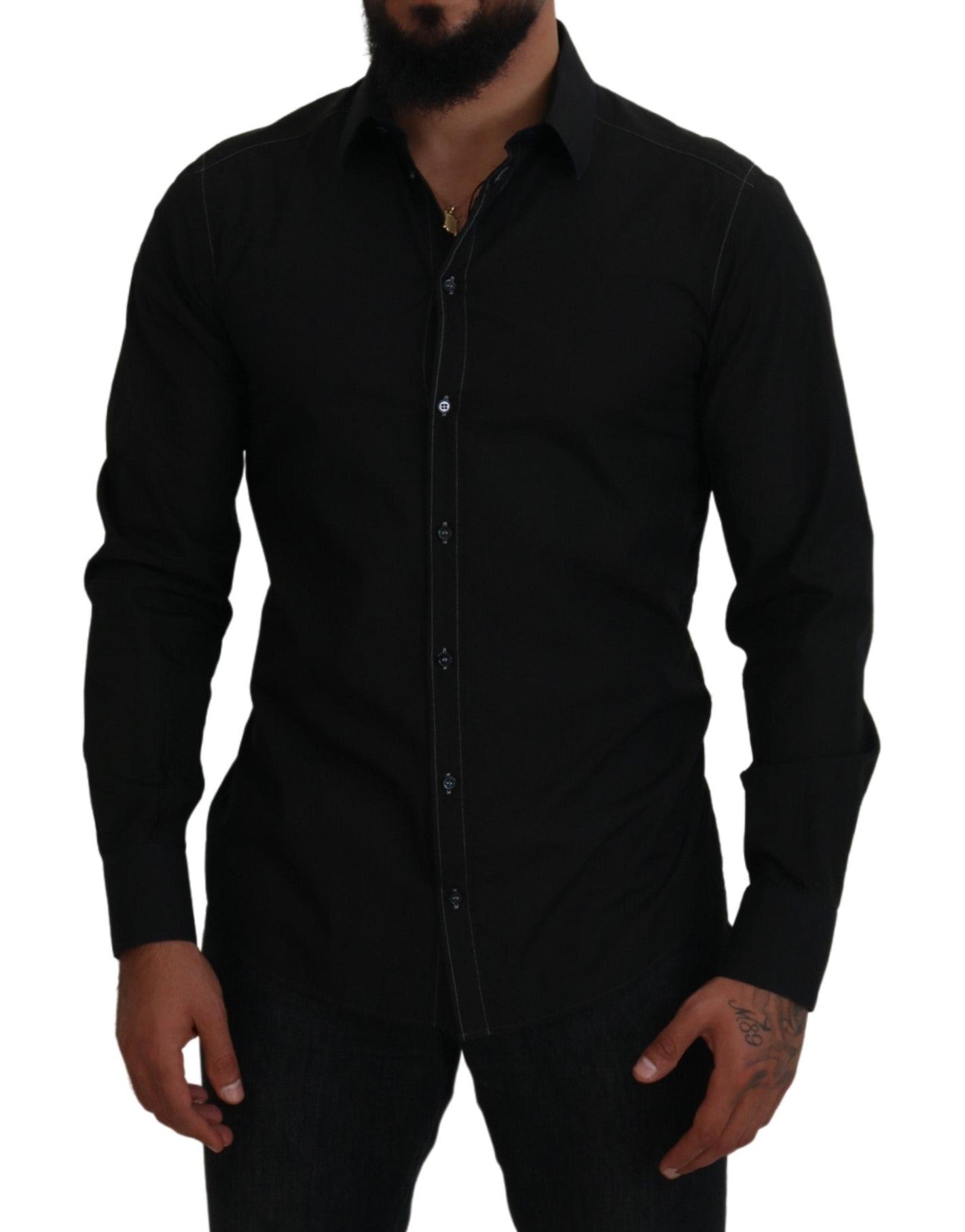 Black Cotton Collared Long Sleeve GOLD Shirt Dolce & Gabbana