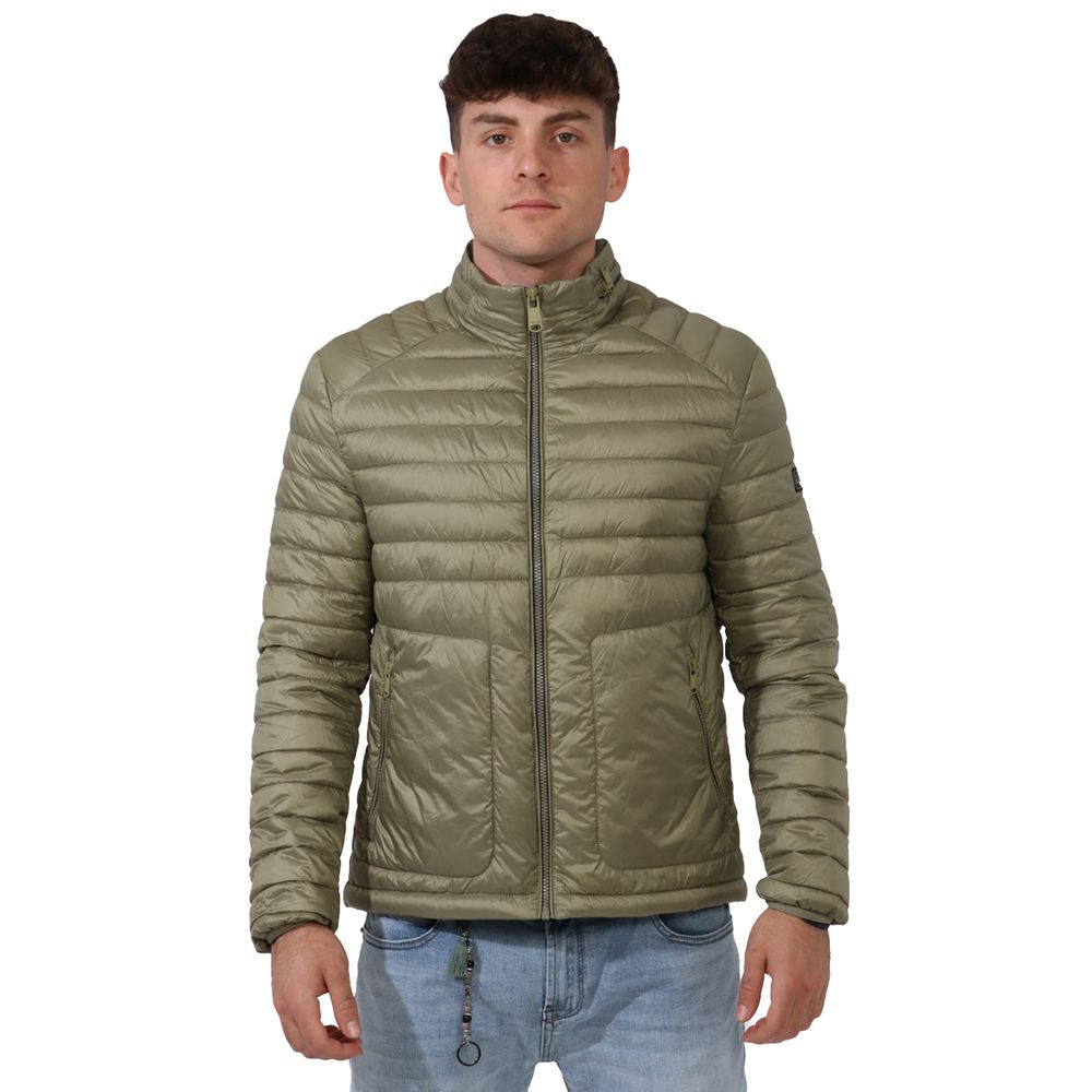 Green Nylon Men Jacket with Concealable Hood Yes Zee