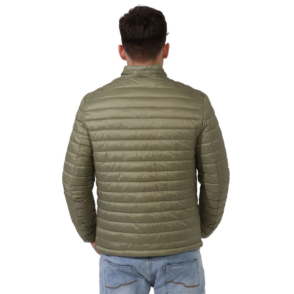 Green Nylon Men Jacket with Concealable Hood Yes Zee