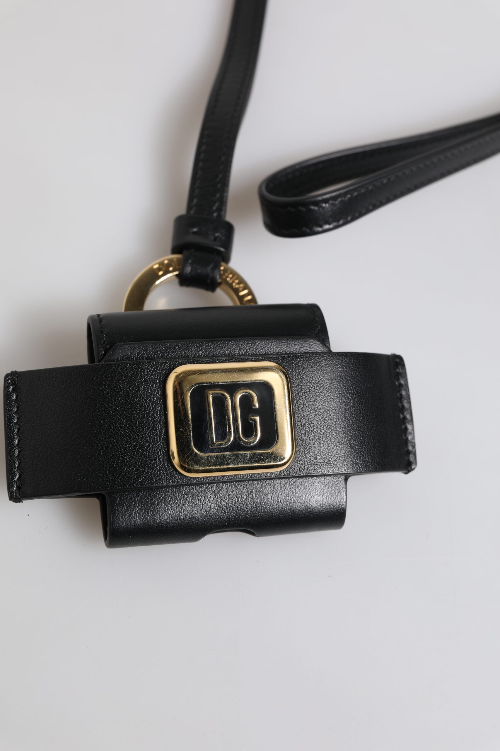 Black Leather Strap Gold Metal Logo Plaque Airpods Case Dolce & Gabbana