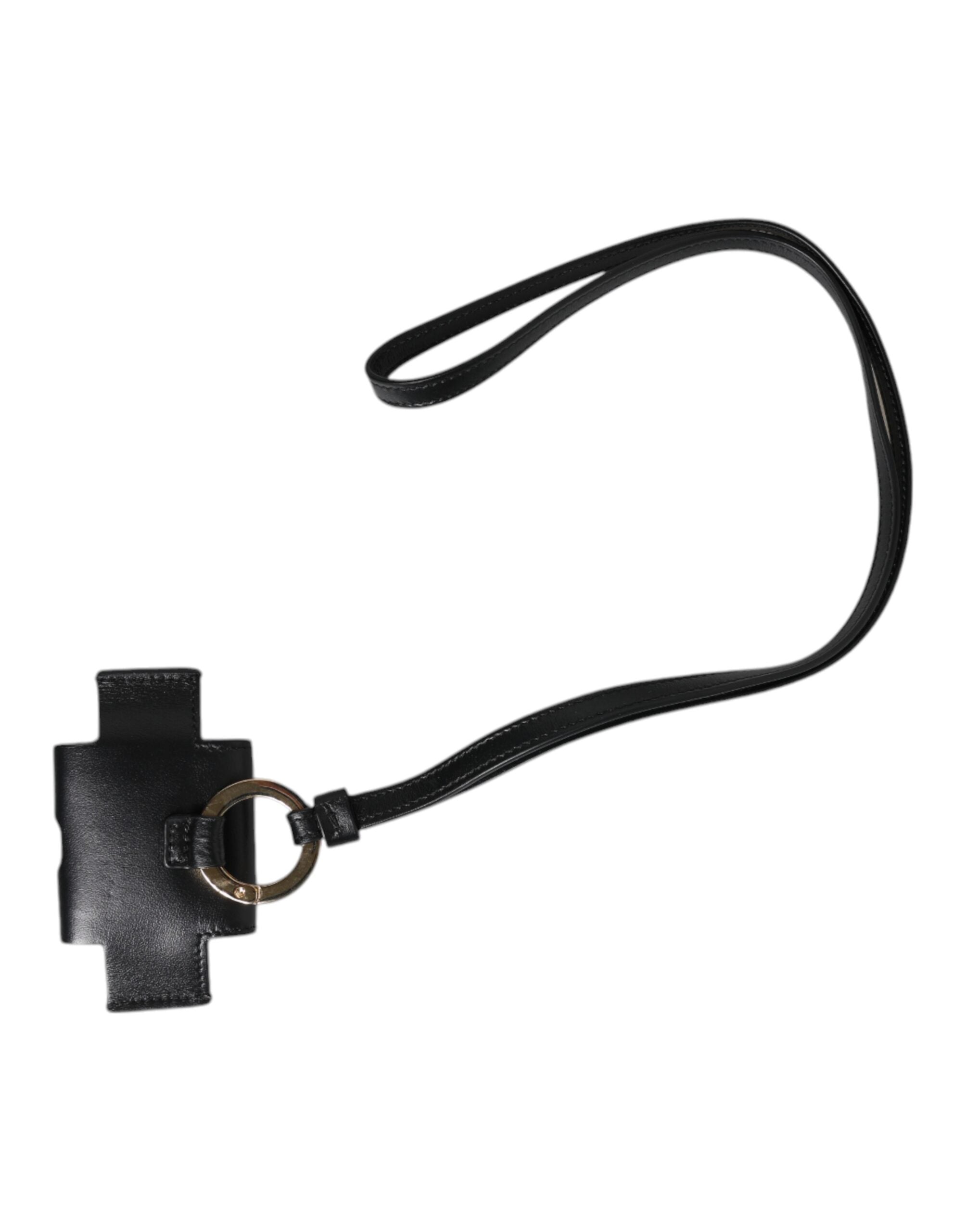 Black Leather Strap Gold Metal Logo Plaque Airpods Case Dolce & Gabbana