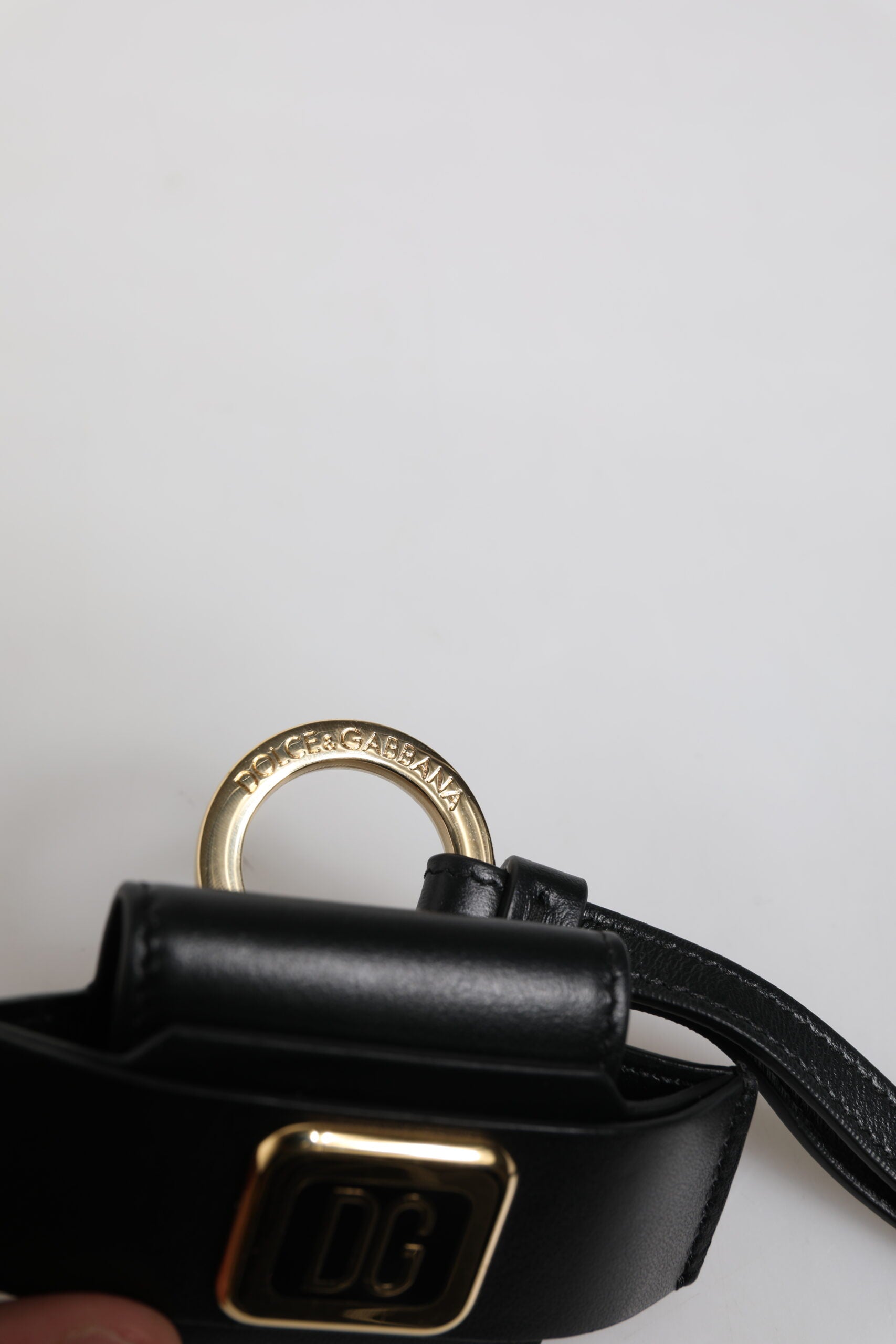 Black Leather Strap Gold Metal Logo Plaque Airpods Case Dolce & Gabbana