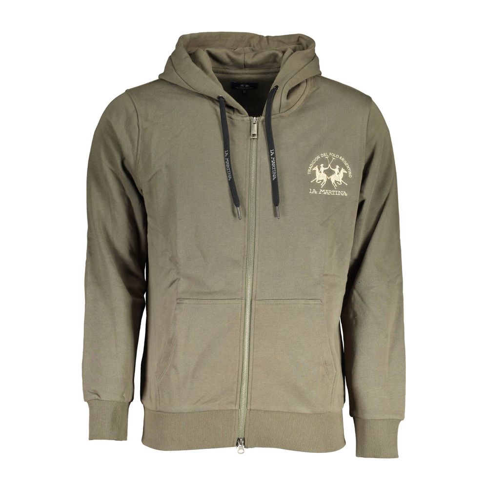 Green Cotton Men Sweater with Hood and Zip Pockets La Martina