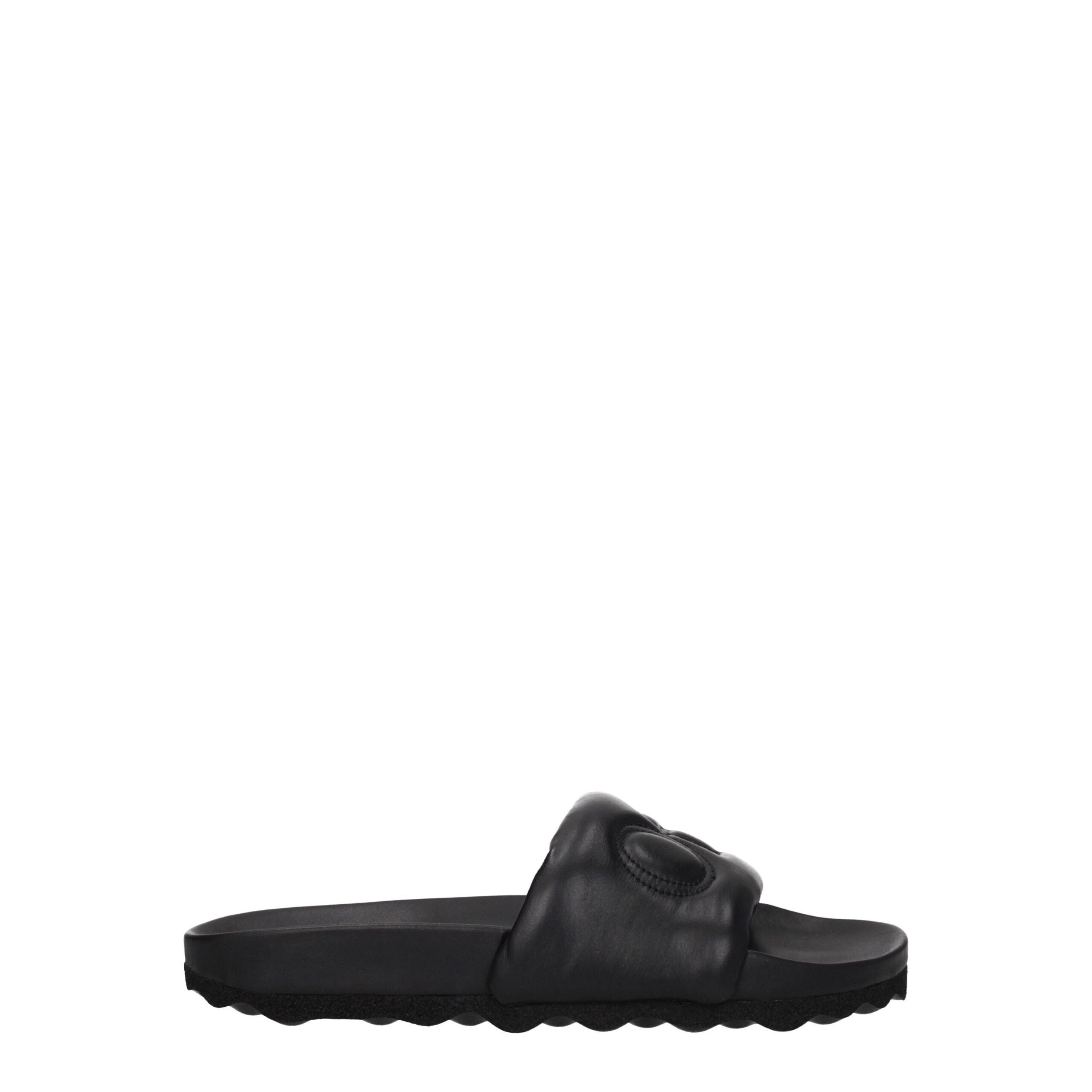 Black Leather Slippers Sandals Off-White