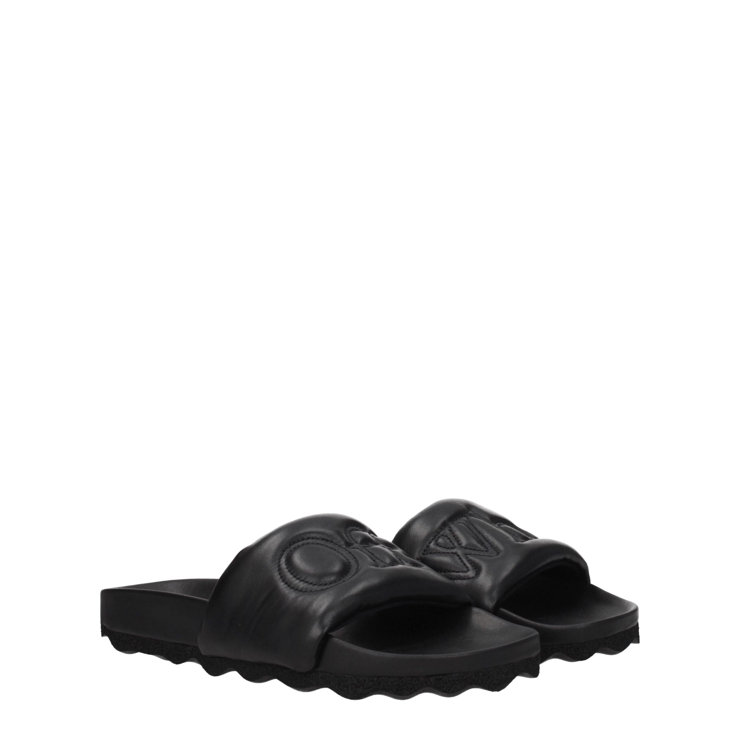 Black Leather Slippers Sandals Off-White