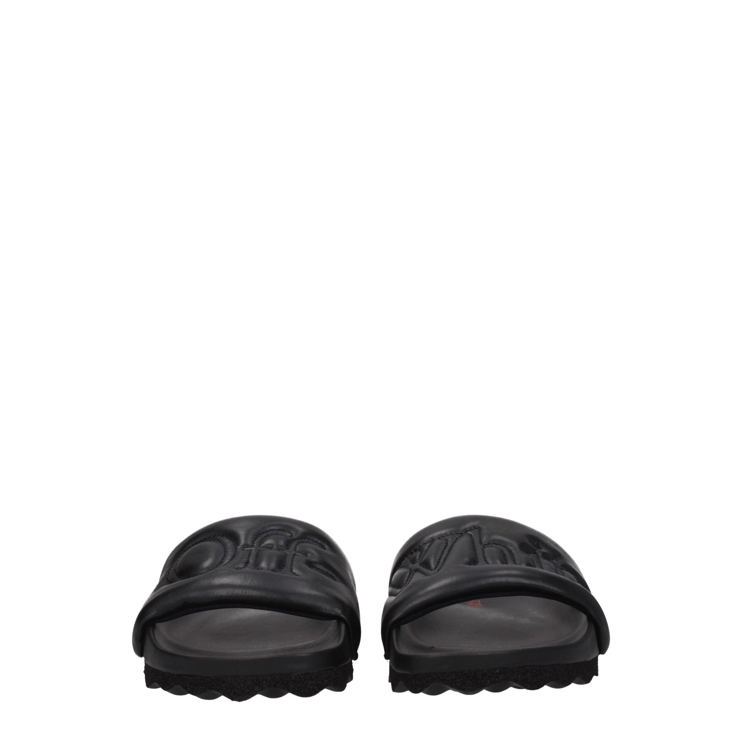 Black Leather Slippers Sandals Off-White