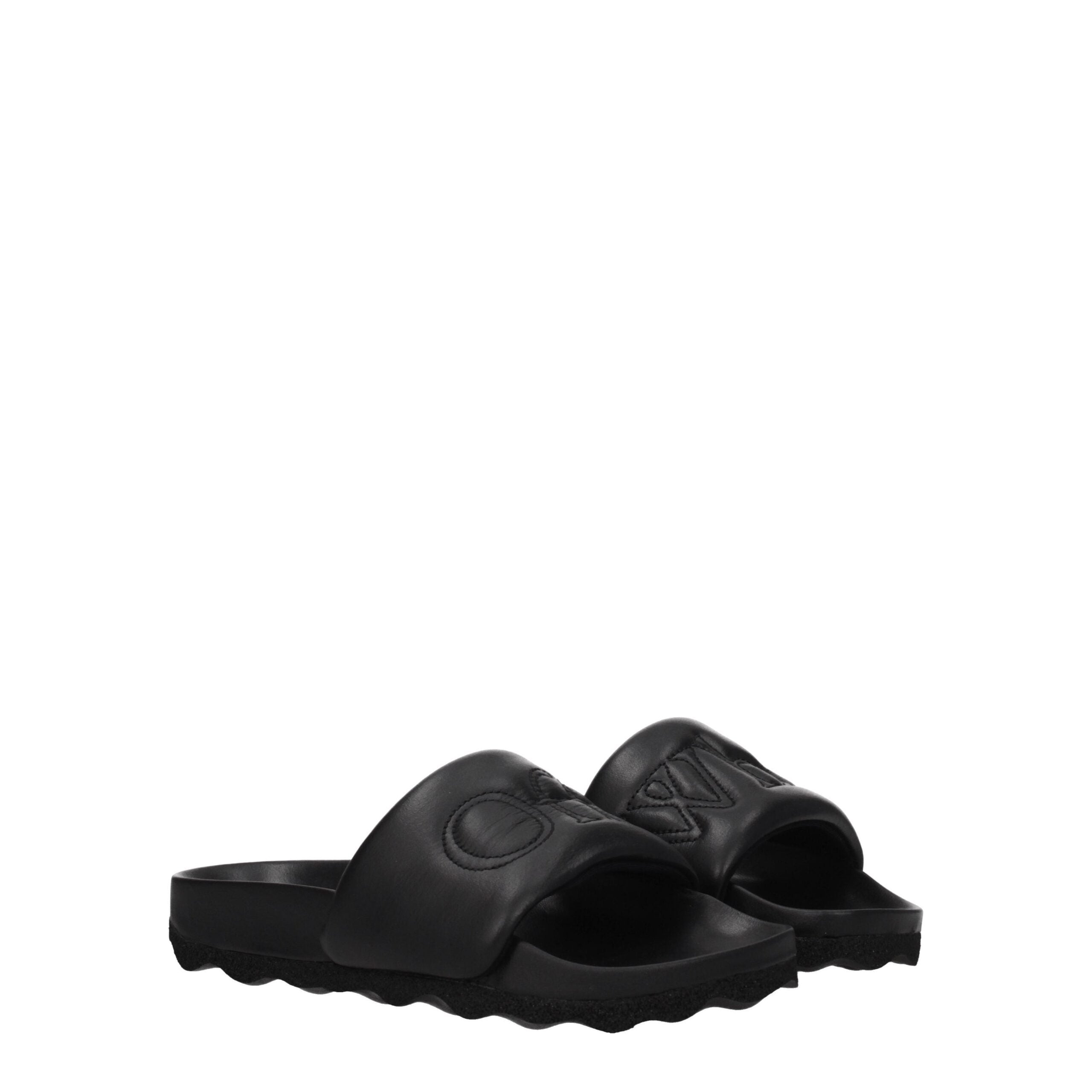 Black Leather Slippers Sandals Off-White