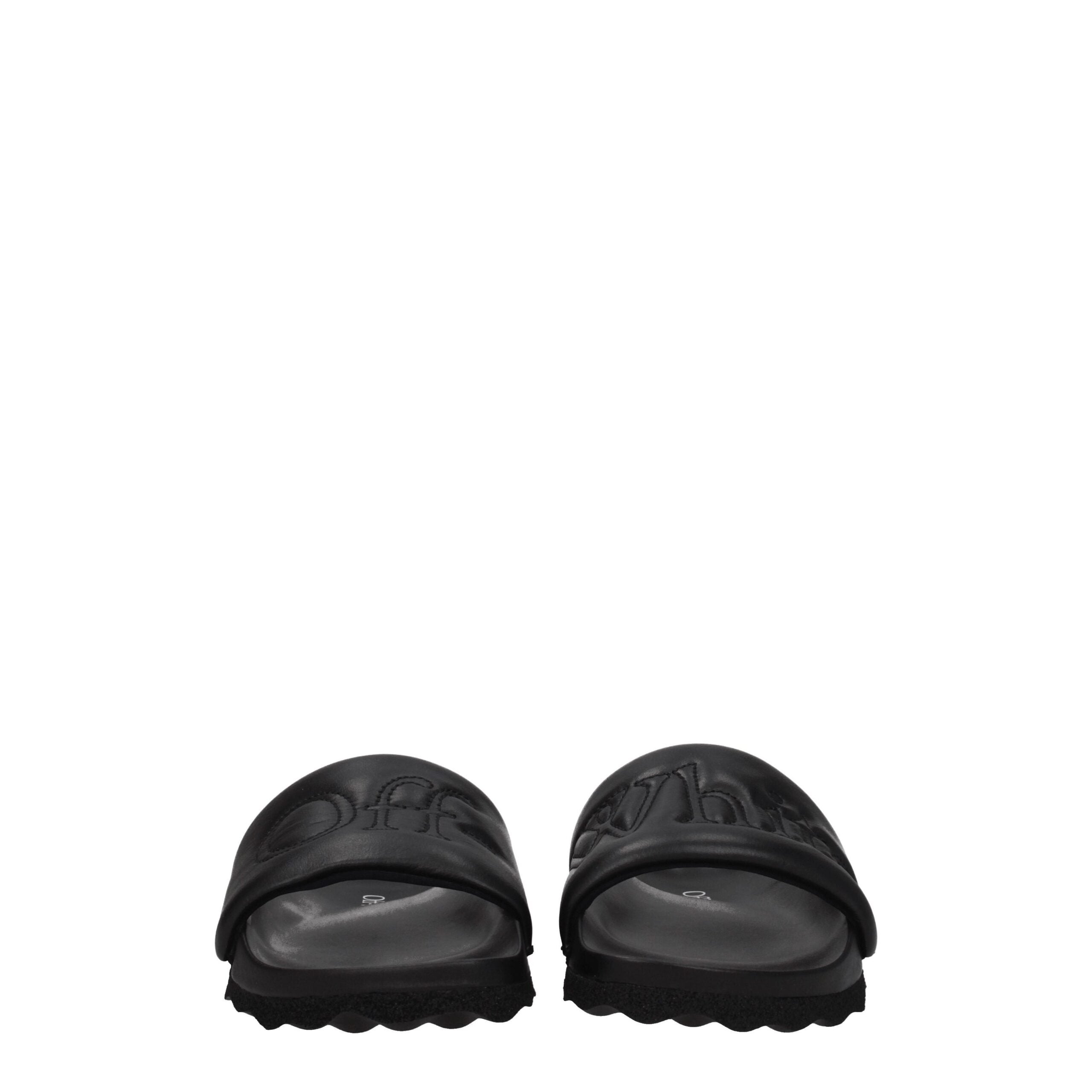 Black Leather Slippers Sandals Off-White