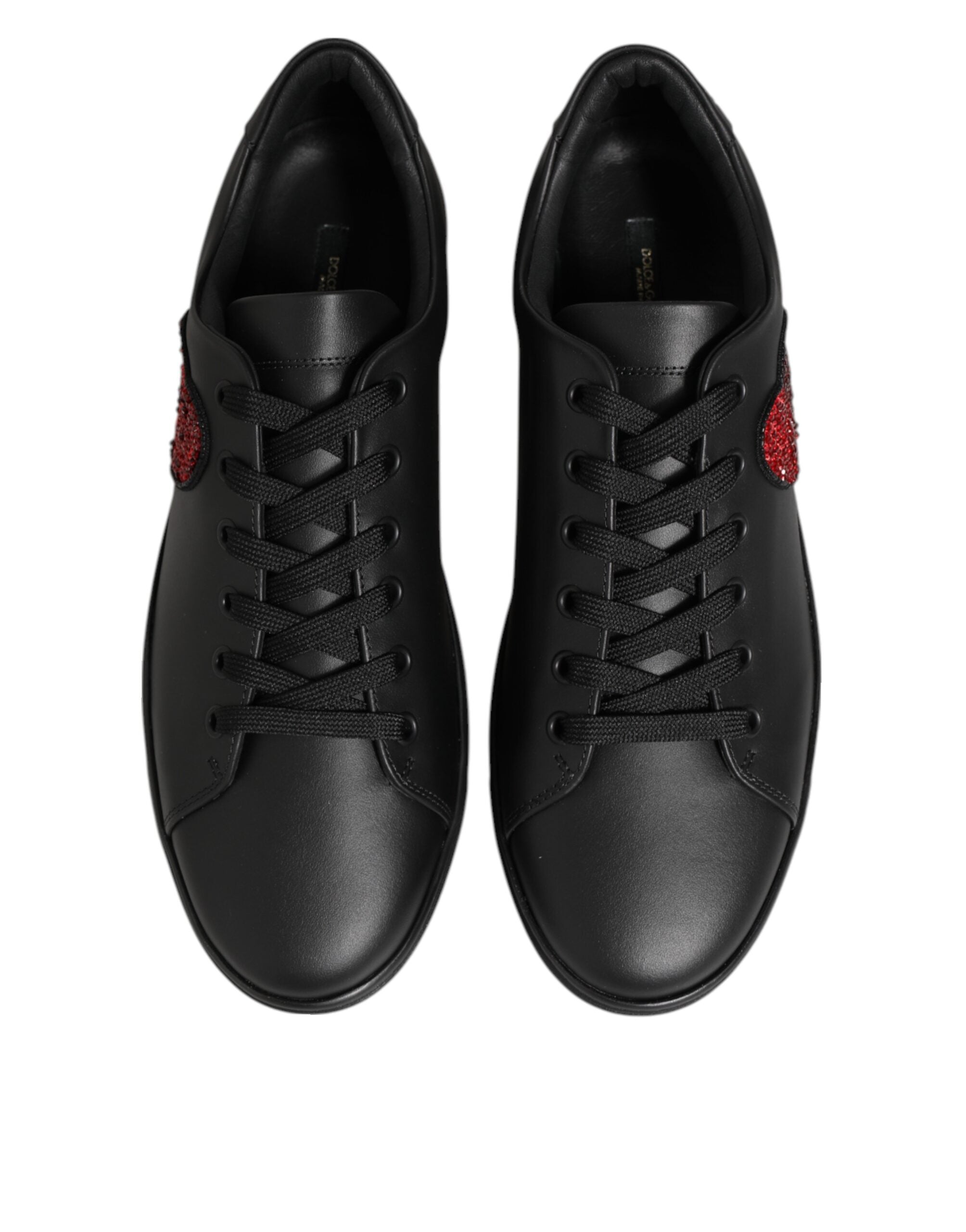 Black Leather Crystal Heart Sneakers Shoes Dolce & Gabbana