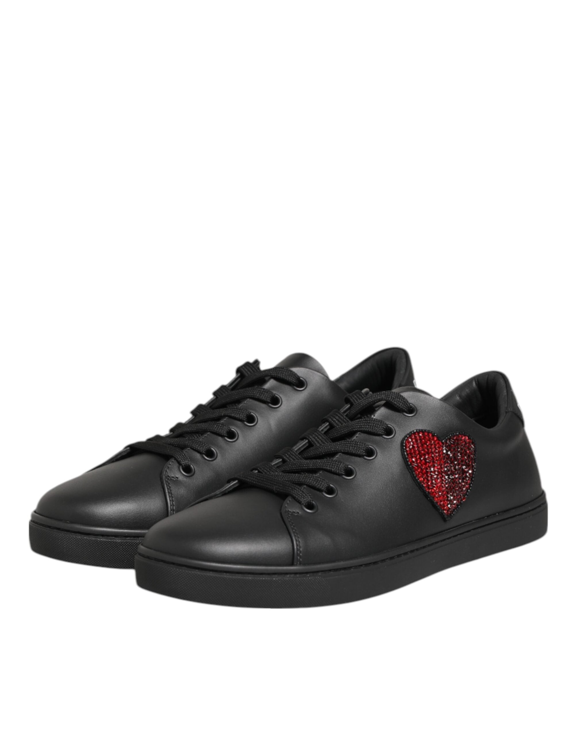 Black Leather Crystal Heart Sneakers Shoes Dolce & Gabbana
