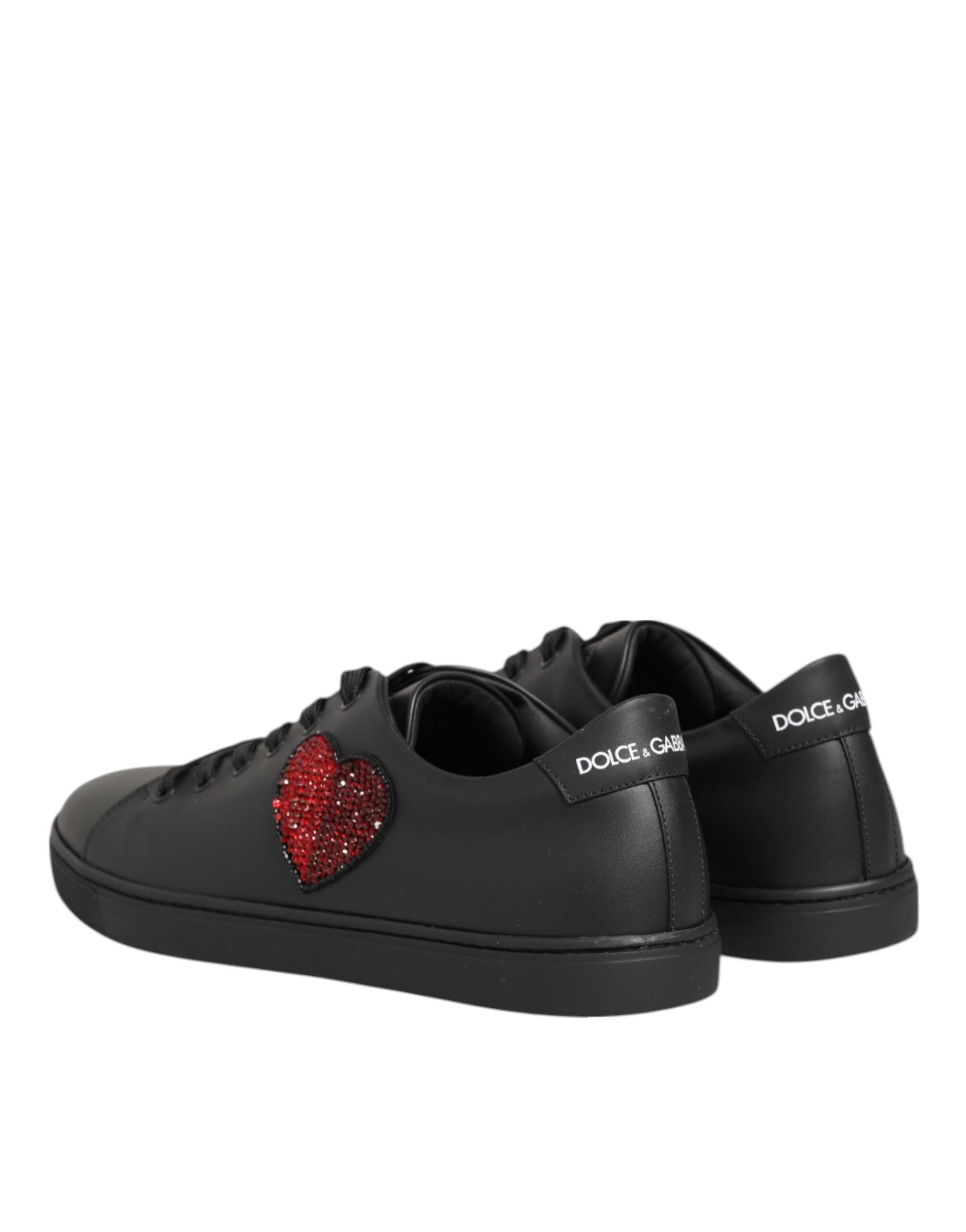 Black Leather Crystal Heart Sneakers Shoes Dolce & Gabbana