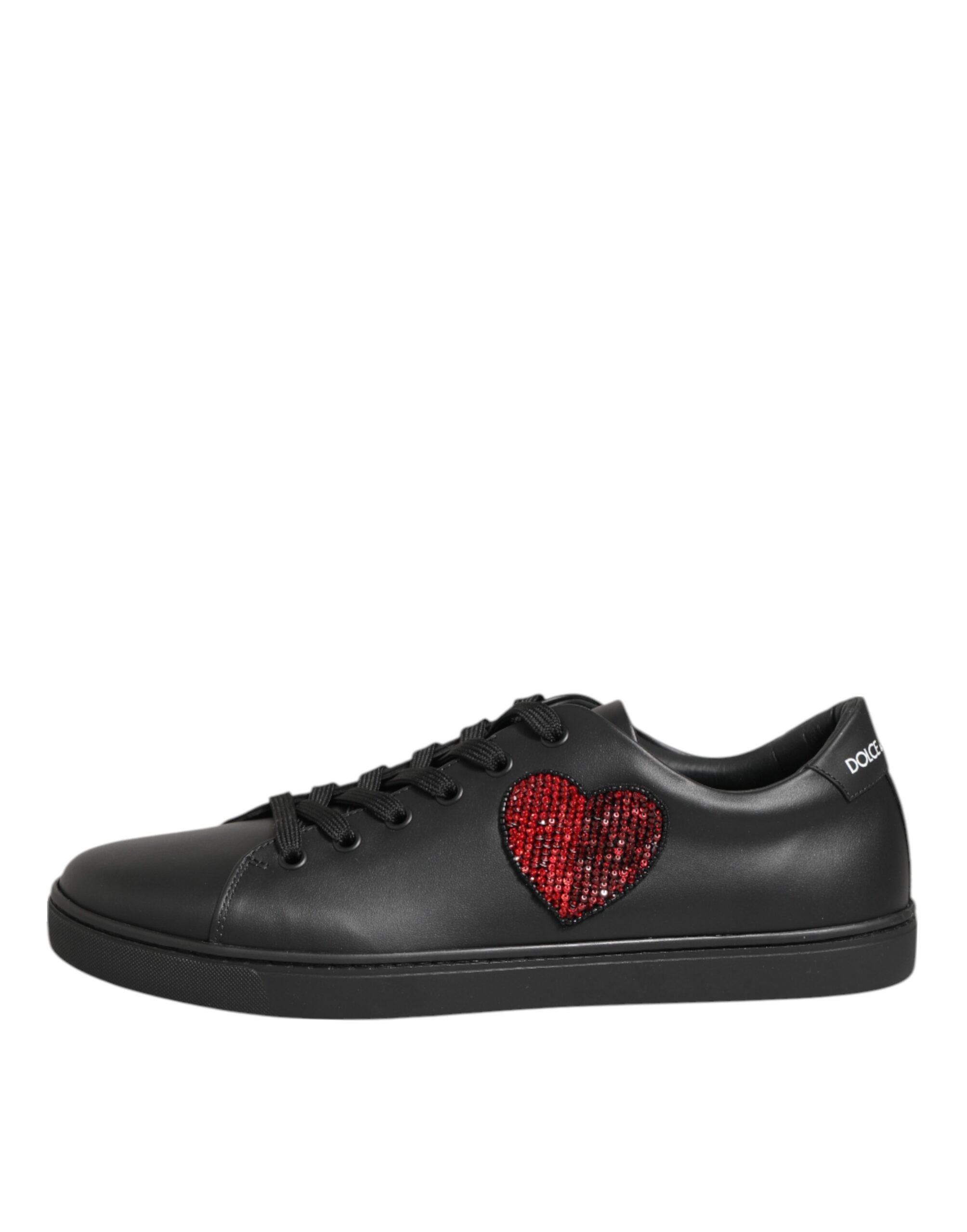 Black Leather Crystal Heart Sneakers Shoes Dolce & Gabbana