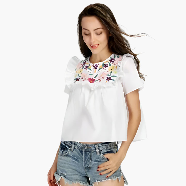 White Embroidered Frilled Top tops Shopella S