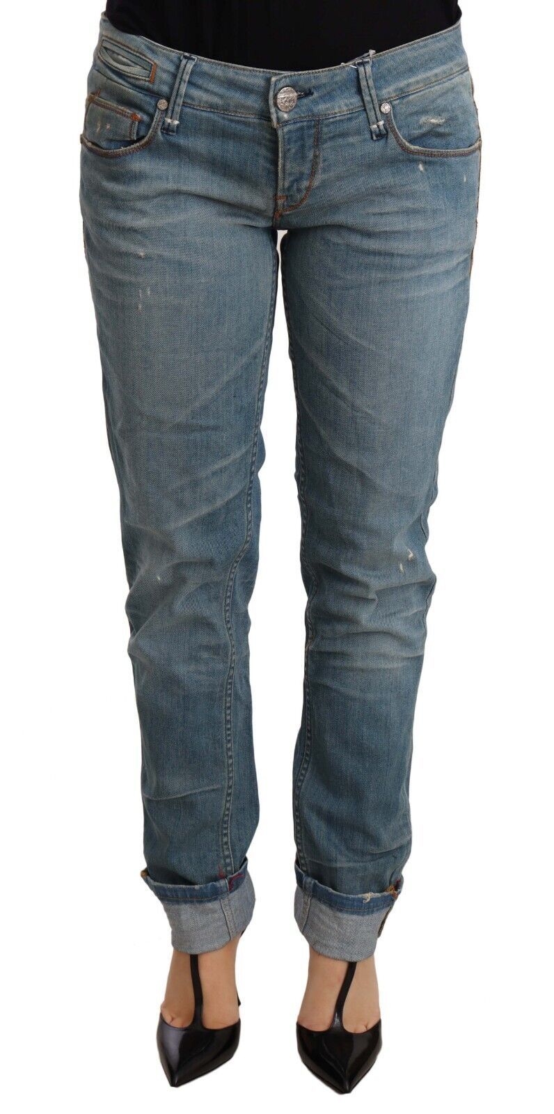 Blue Washed Cotton Folded Hem Women Trouser Acht