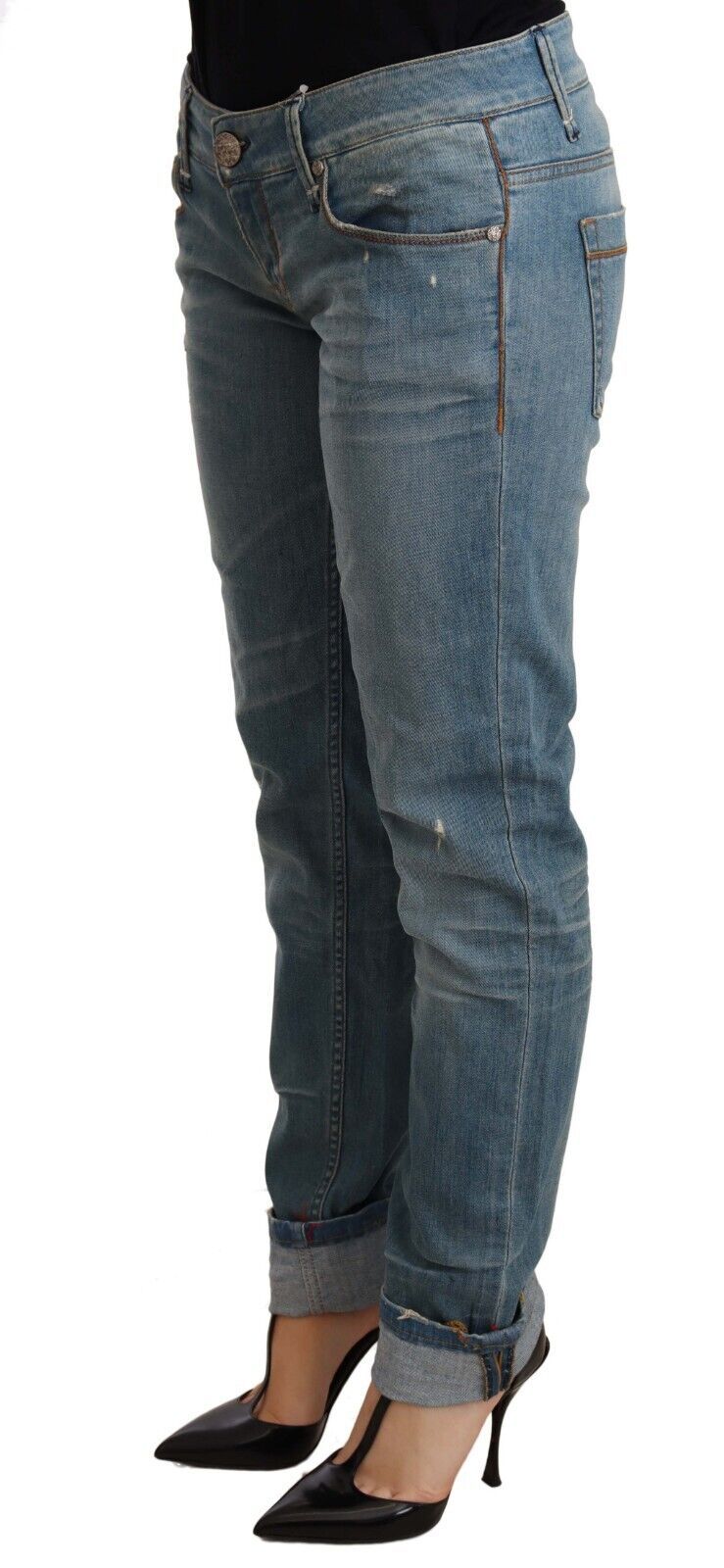 Blue Washed Cotton Folded Hem Women Trouser Acht