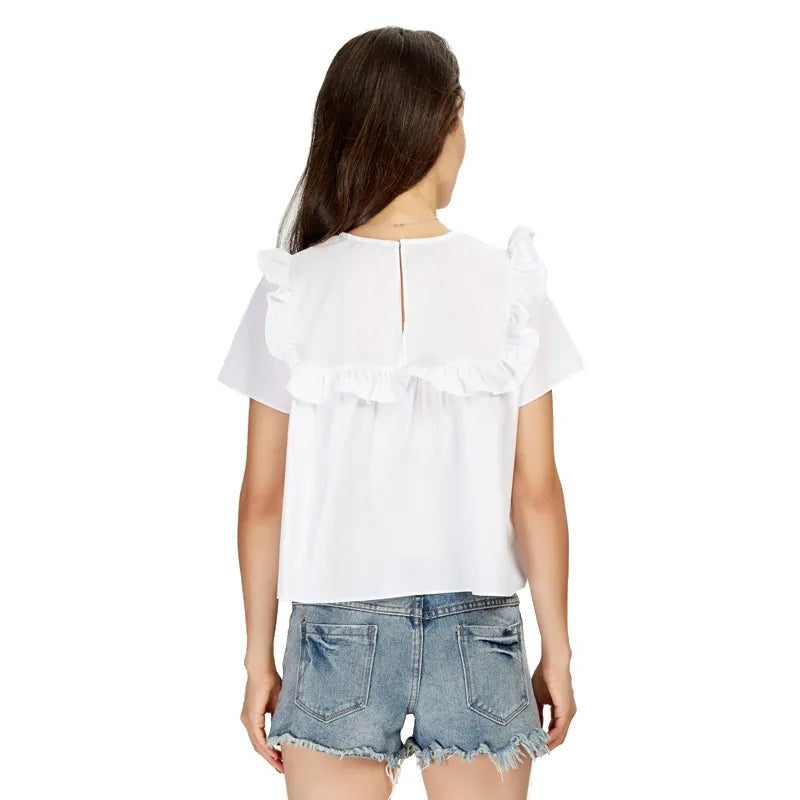 White Embroidered Frilled Top tops Shopella