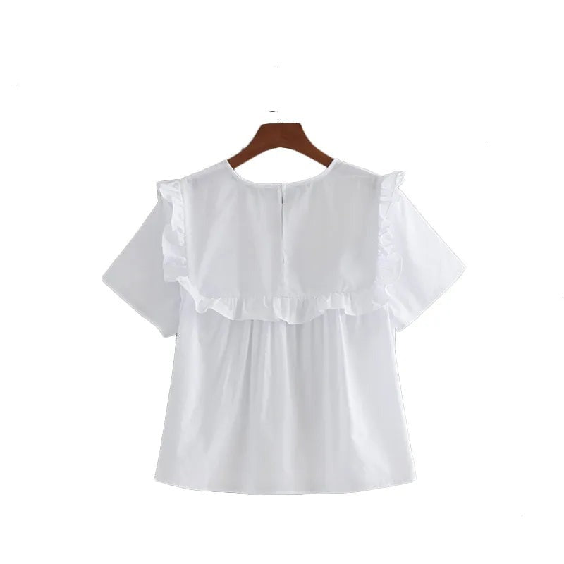 White Embroidered Frilled Top tops Shopella