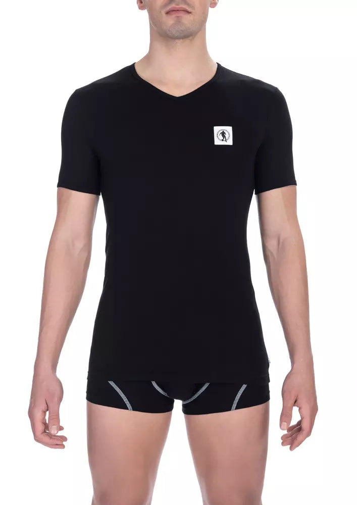 Black Cotton Men V-Neck T-Shirt Bikkembergs