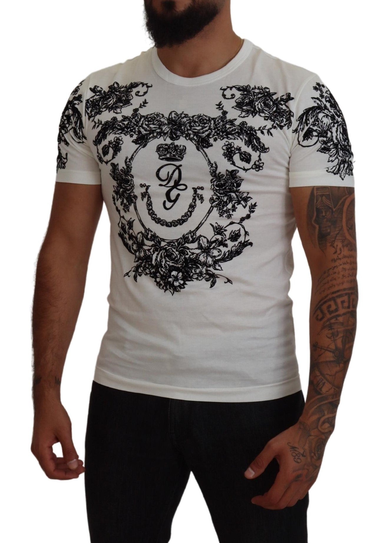 White DG Crown Floral Crewneck Men T-shirt Dolce & Gabbana