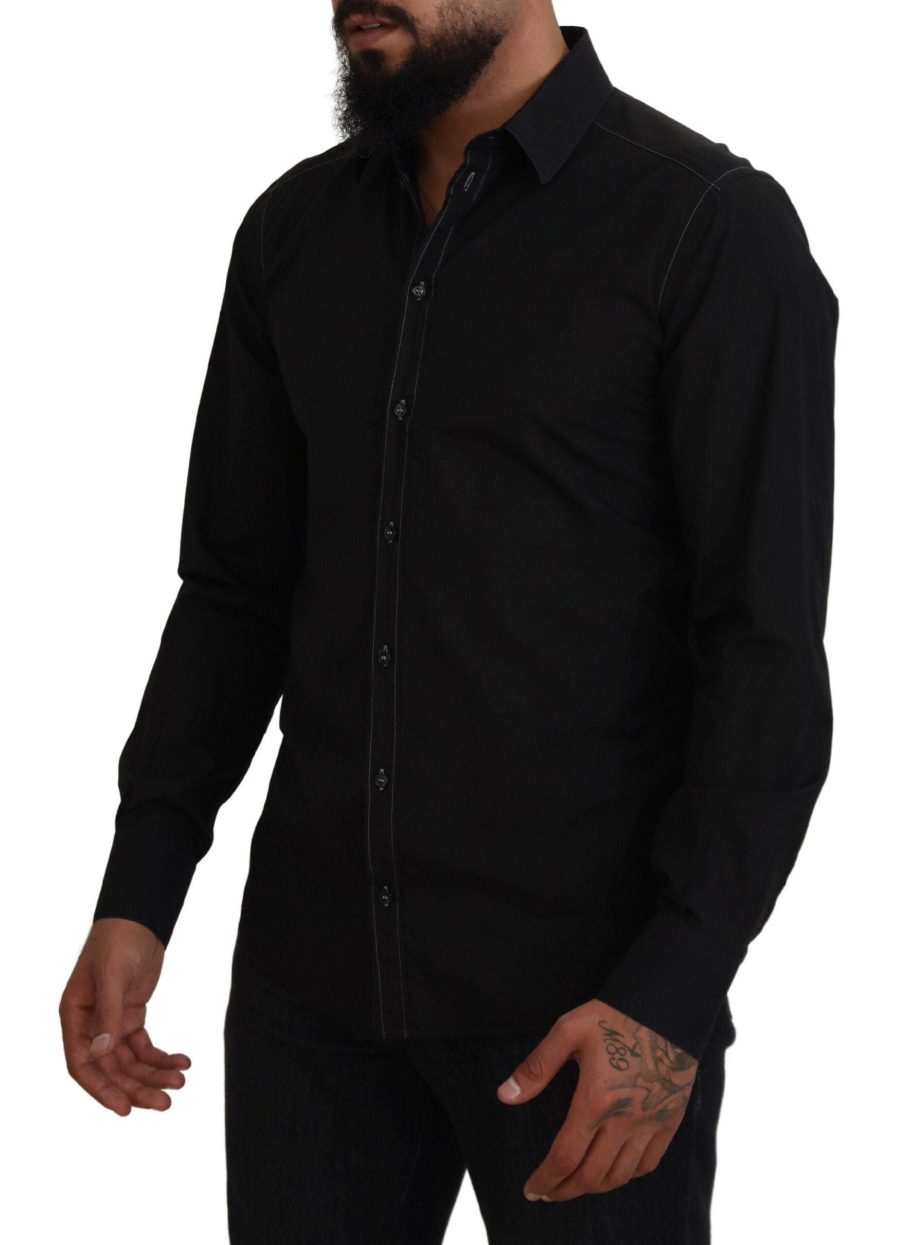 Black Cotton Collared Long Sleeve GOLD Shirt Dolce & Gabbana
