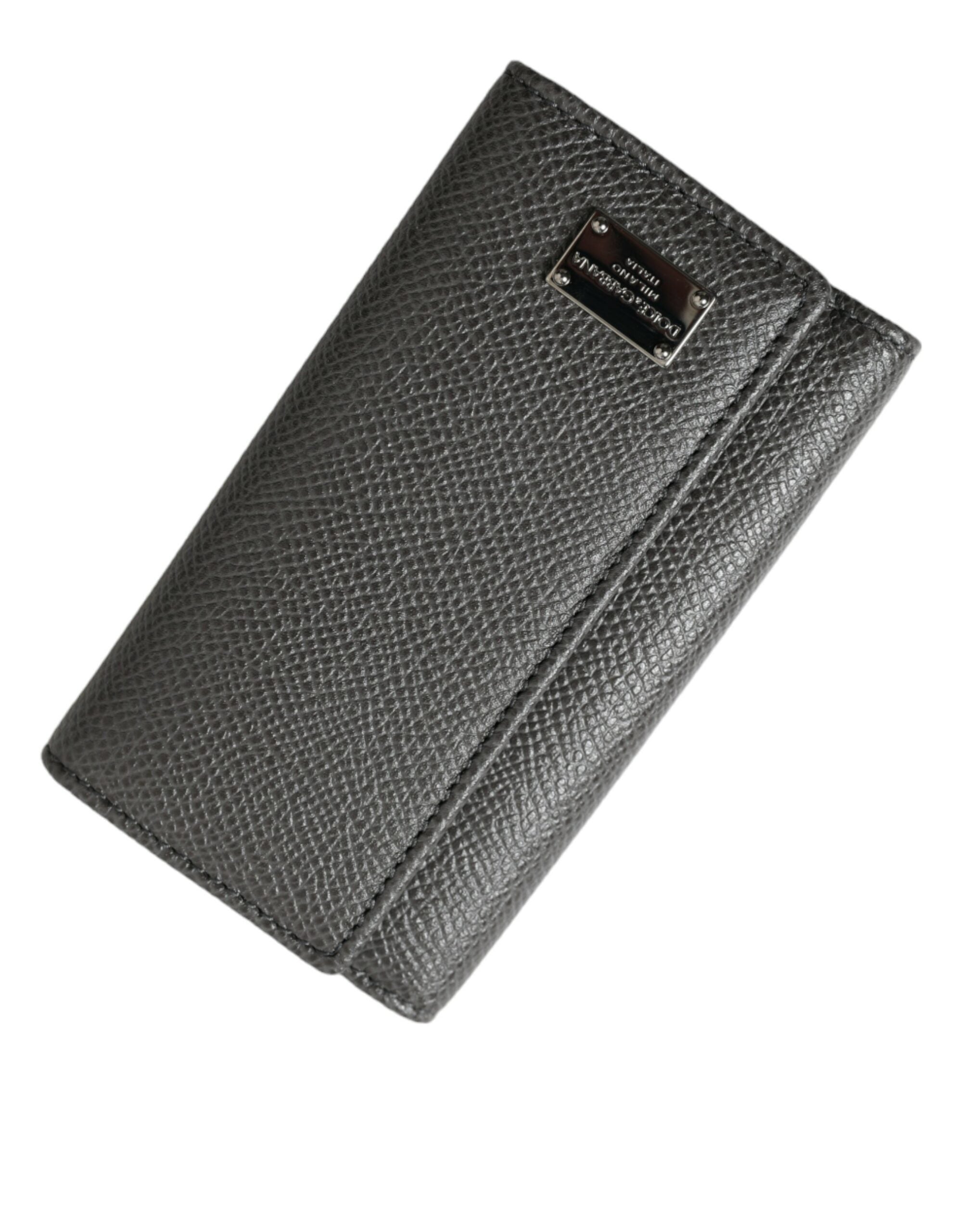 Gray Leather Silver Metal Logo Plaque Trifold Keyring Dolce & Gabbana