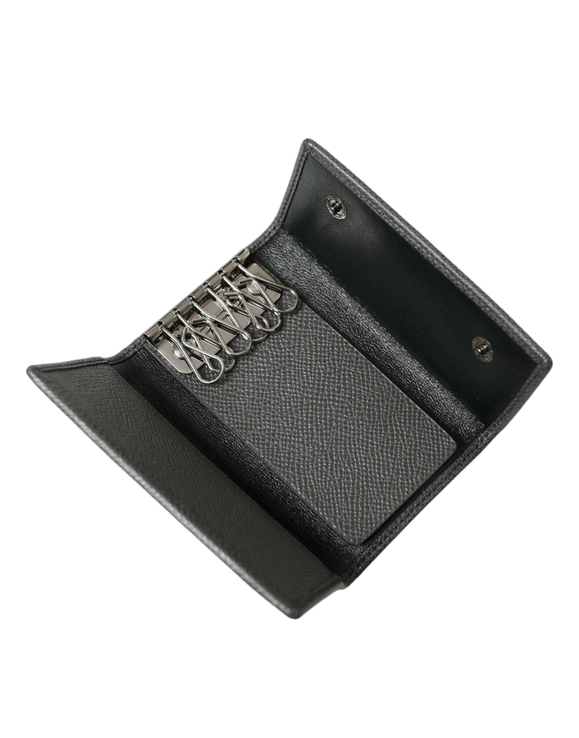 Gray Leather Silver Metal Logo Plaque Trifold Keyring Dolce & Gabbana