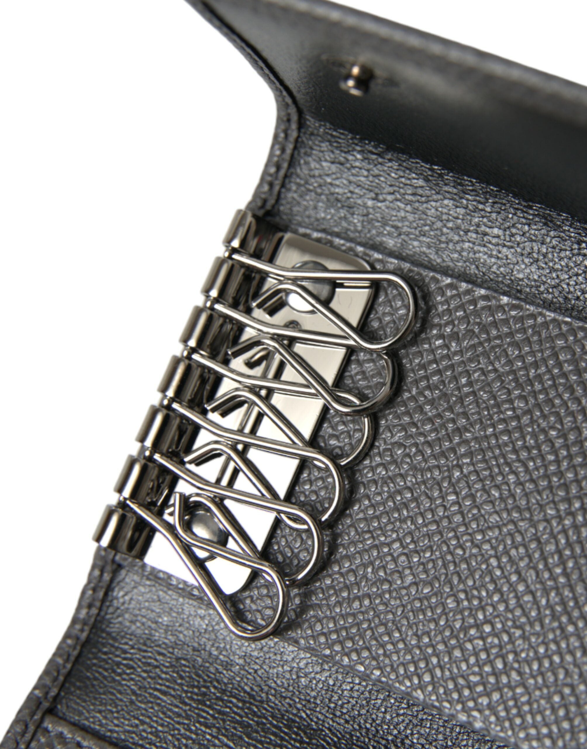 Gray Leather Silver Metal Logo Plaque Trifold Keyring Dolce & Gabbana