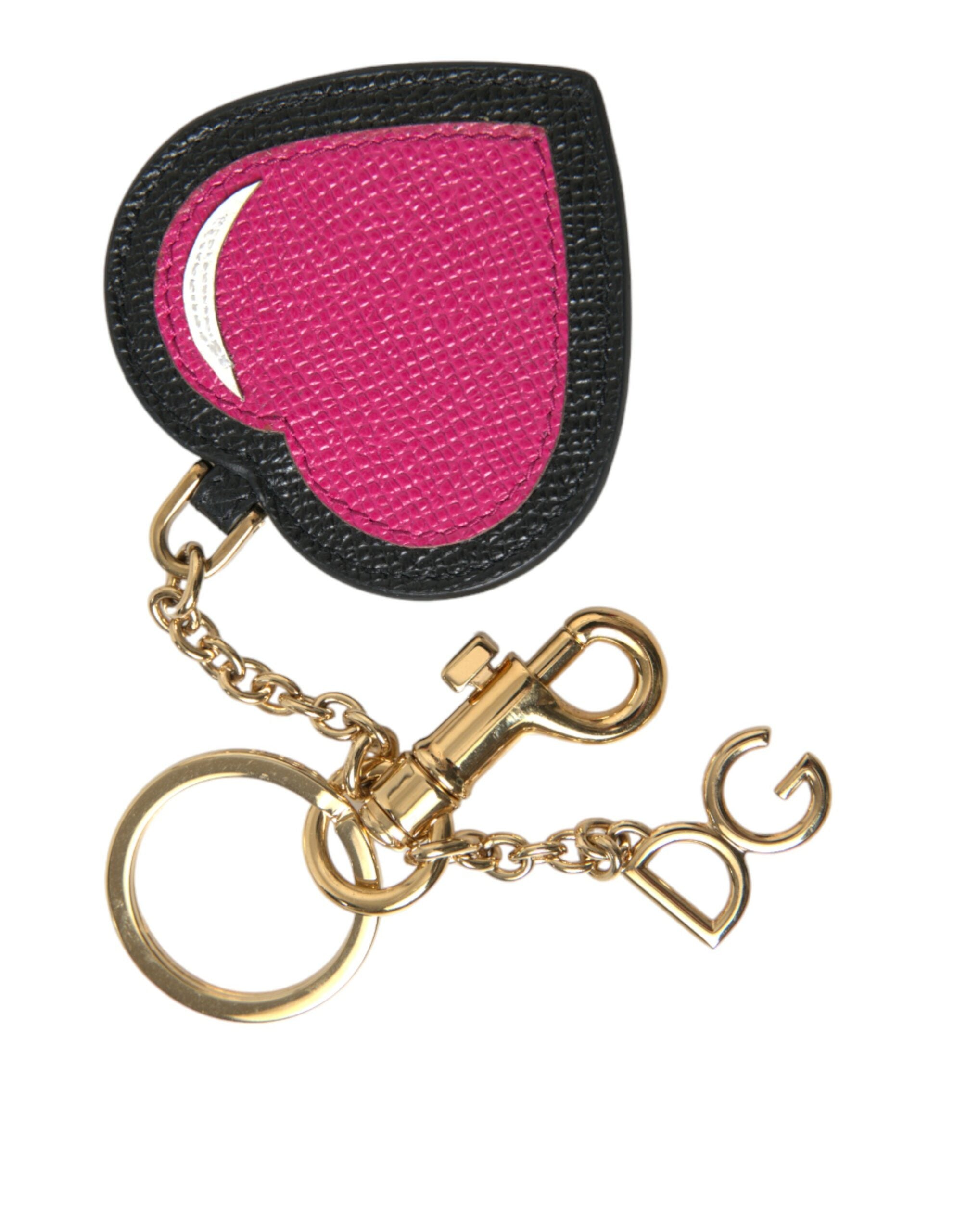 Pink Black Heart Leather Gold Tone Brass Keyring Keychain Dolce & Gabbana