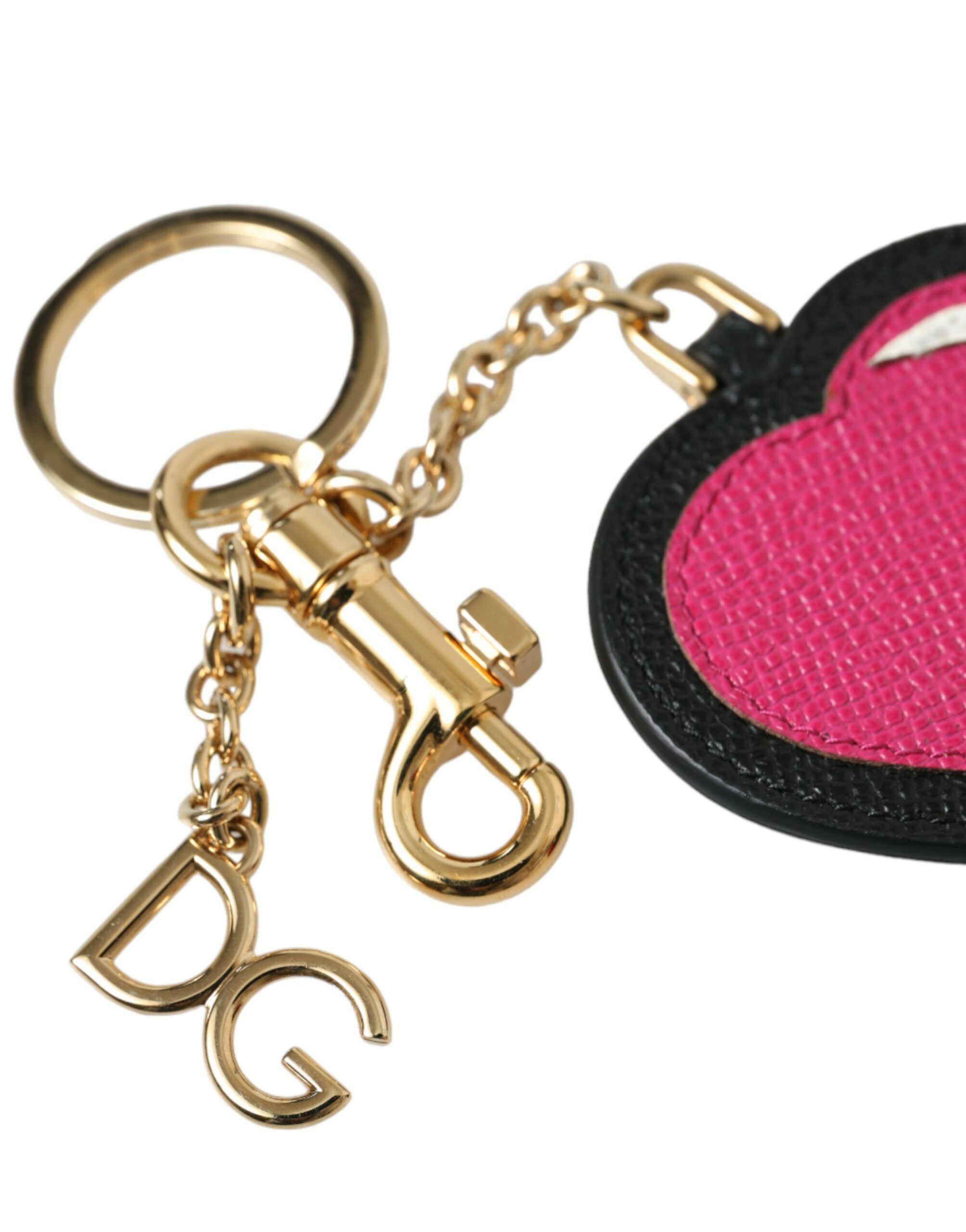 Pink Black Heart Leather Gold Tone Brass Keyring Keychain Dolce & Gabbana
