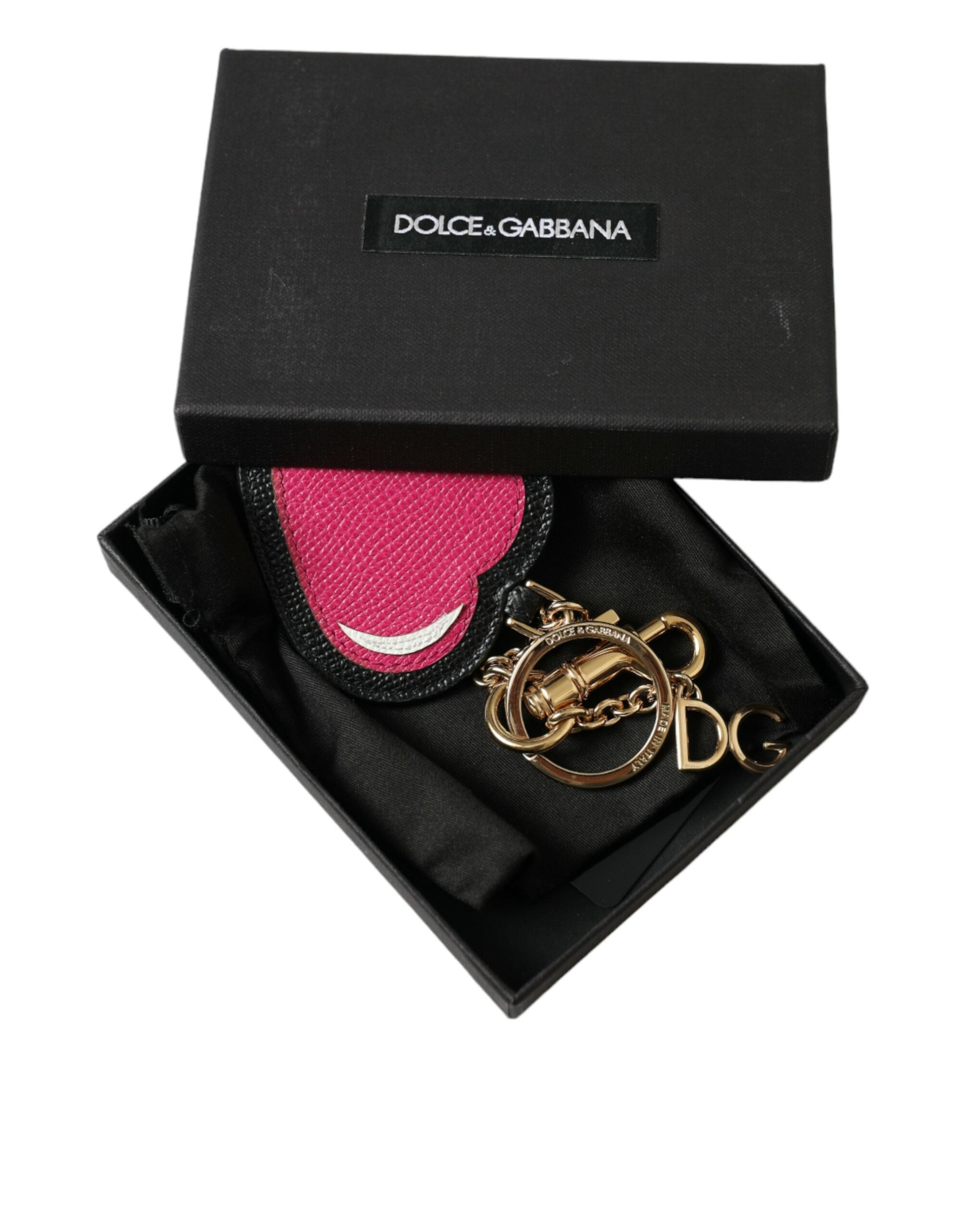 Pink Black Heart Leather Gold Tone Brass Keyring Keychain Dolce & Gabbana