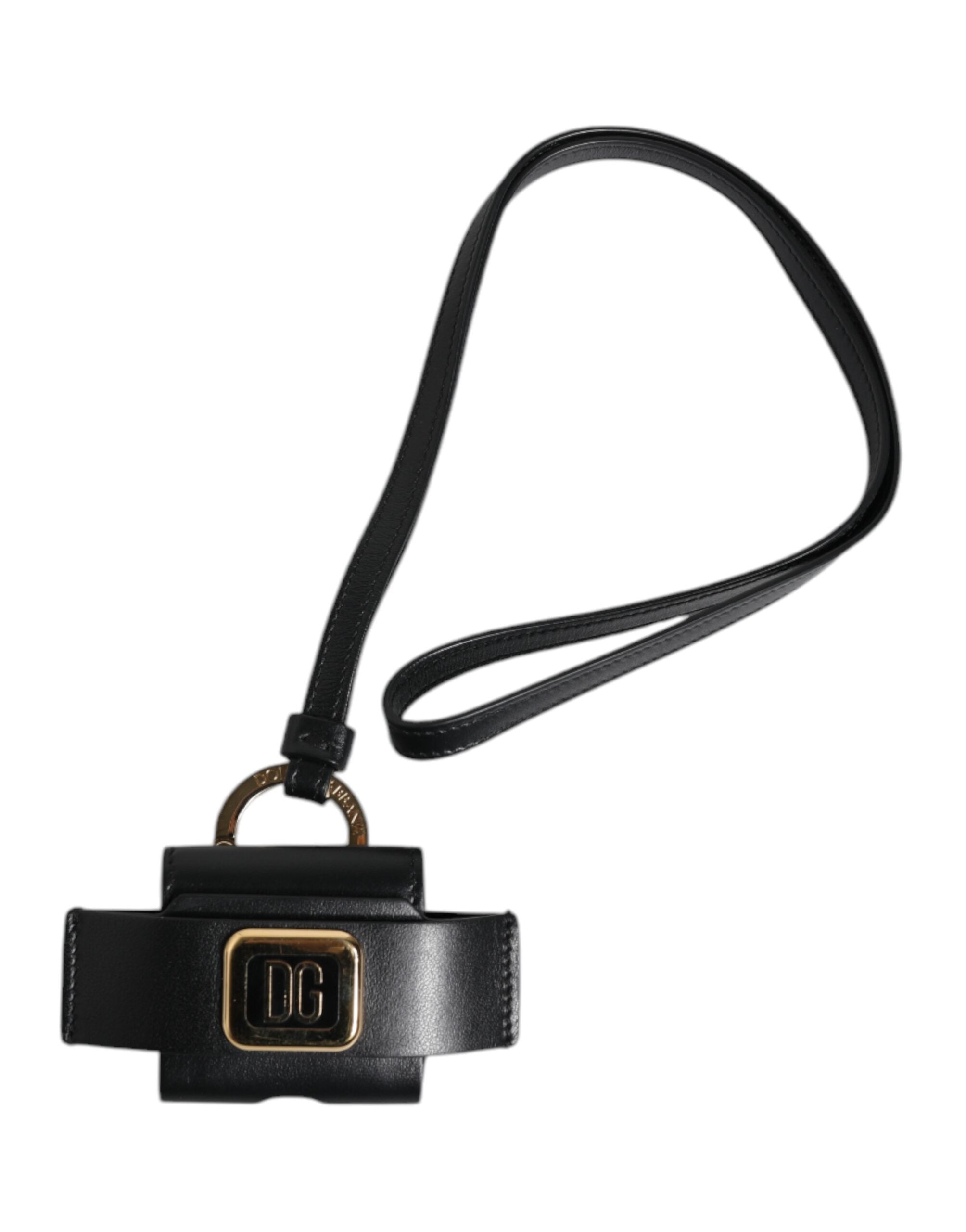 Black Leather Strap Gold Metal Logo Plaque Airpods Case Dolce & Gabbana