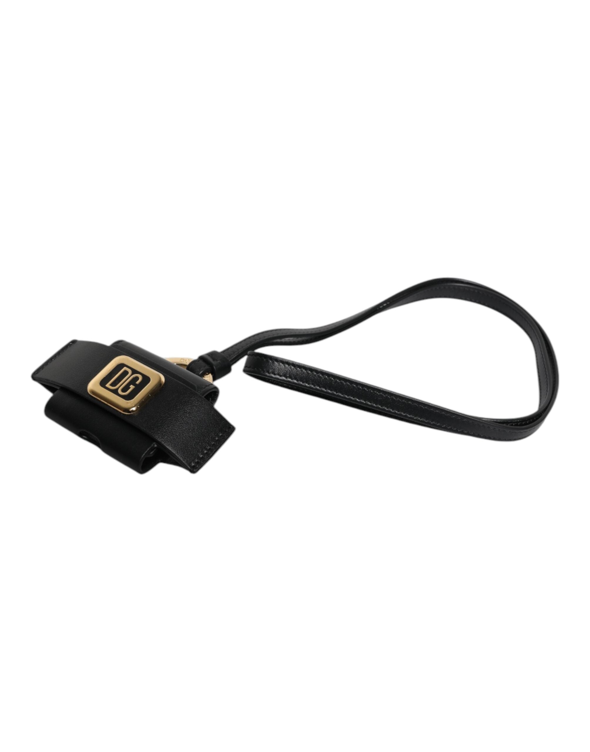 Black Leather Strap Gold Metal Logo Plaque Airpods Case Dolce & Gabbana
