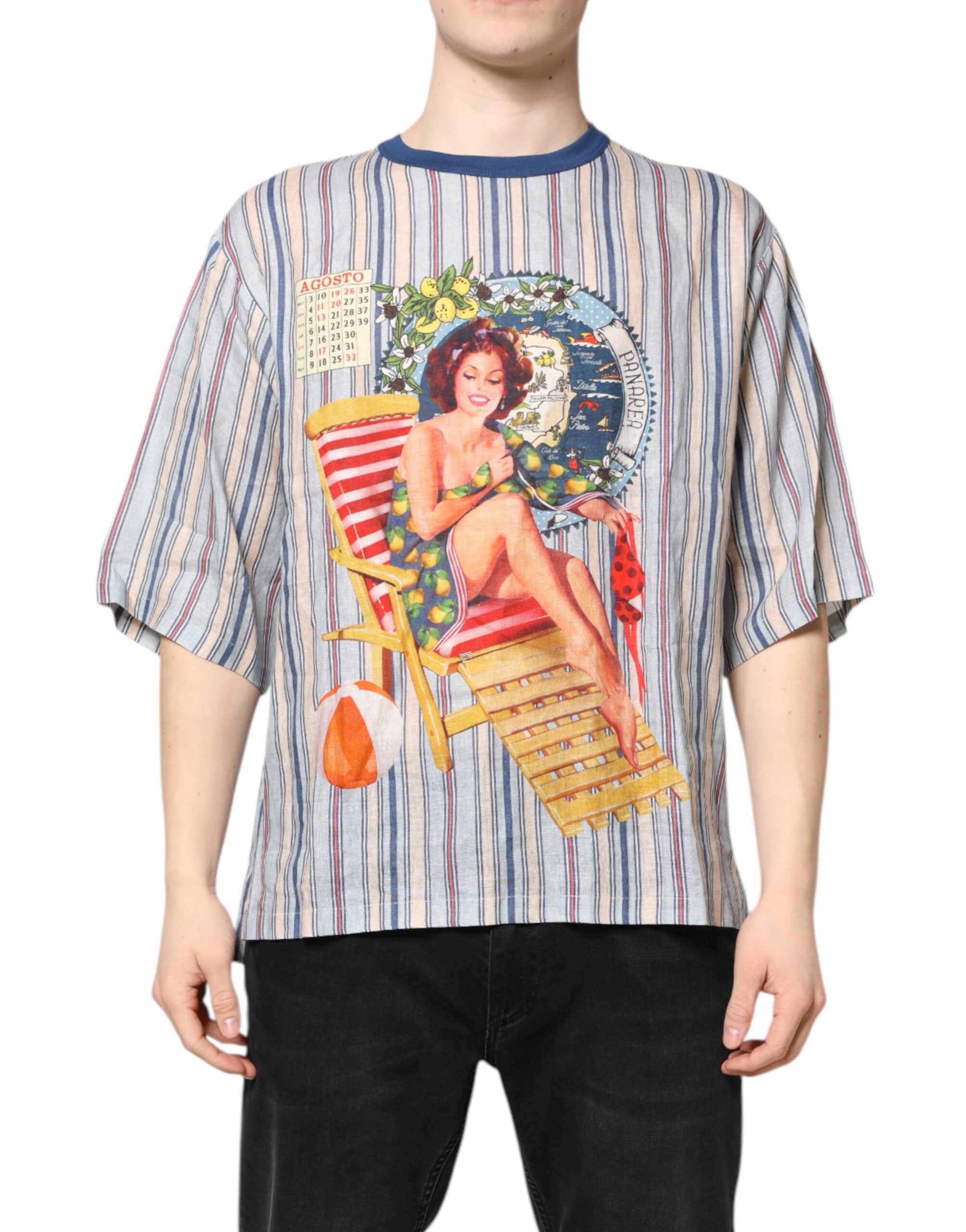 Multicolor Striped Pin Up Linen Round Neck T-shirt Dolce & Gabbana