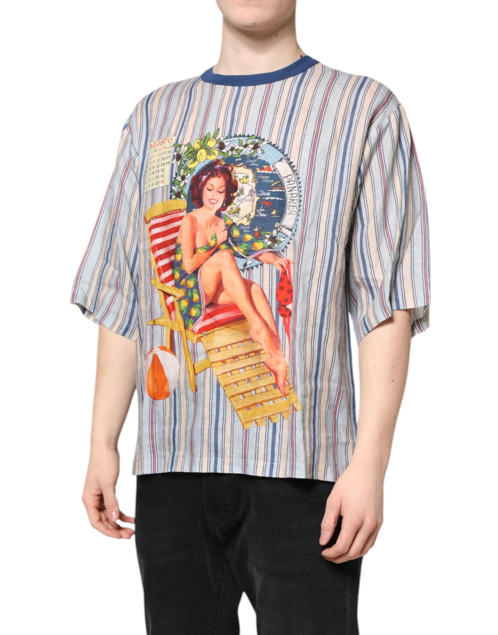 Multicolor Striped Pin Up Linen Round Neck T-shirt Dolce & Gabbana