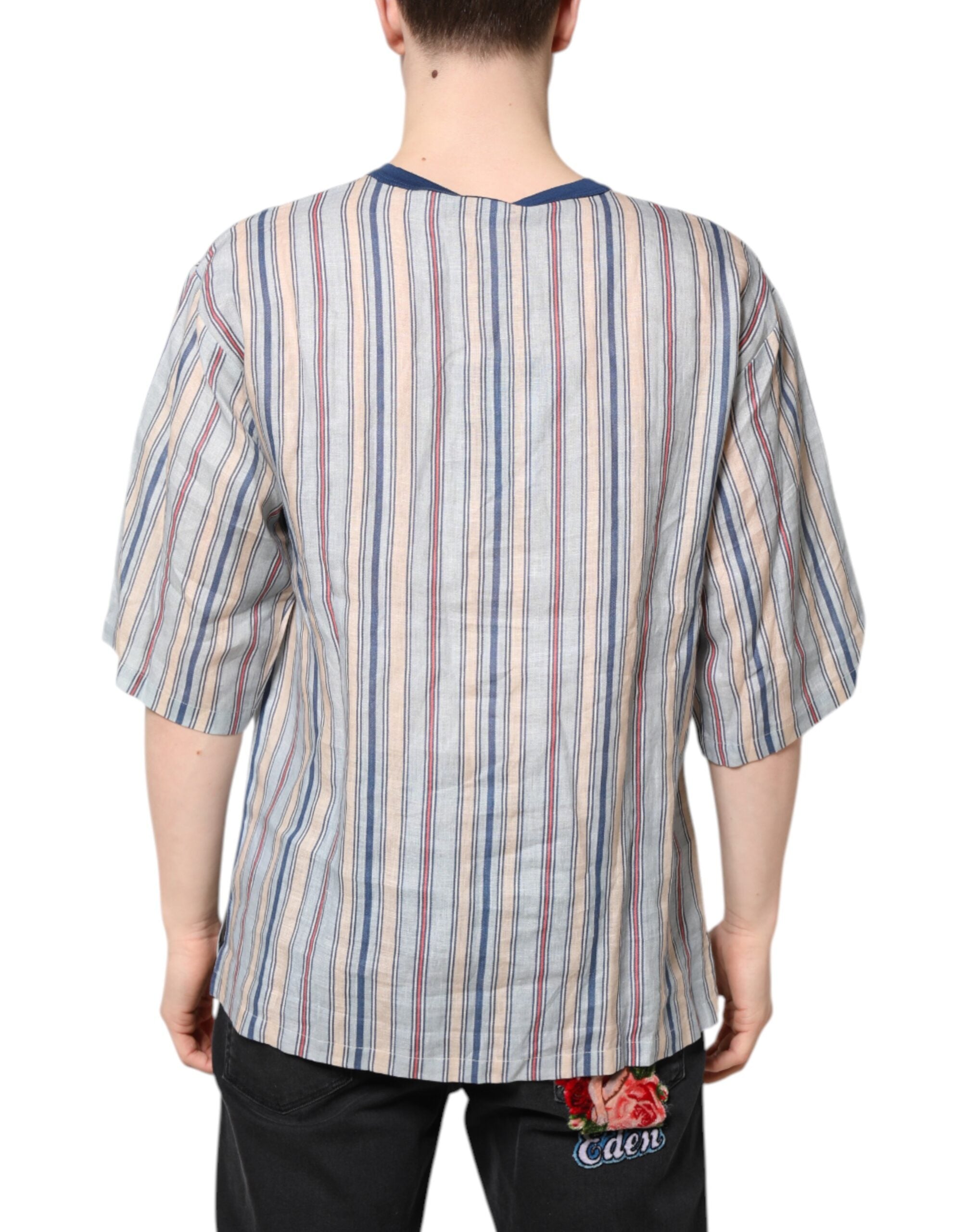 Multicolor Striped Pin Up Linen Round Neck T-shirt Dolce & Gabbana