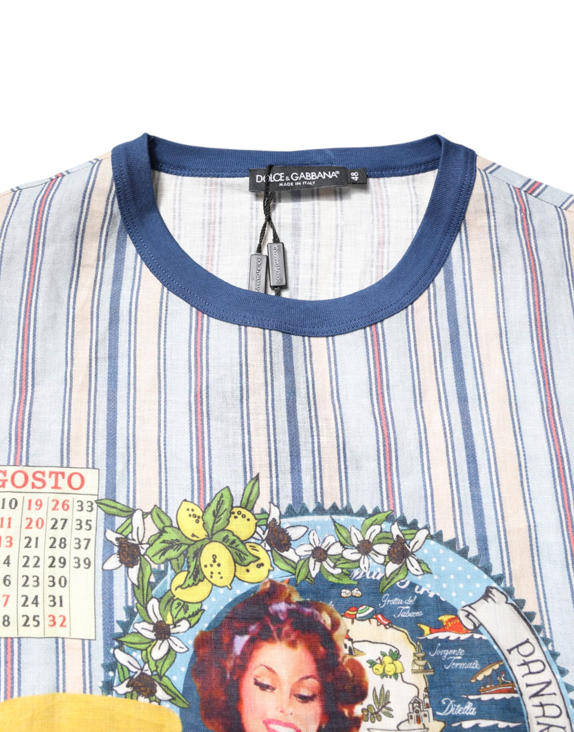 Multicolor Striped Pin Up Linen Round Neck T-shirt Dolce & Gabbana