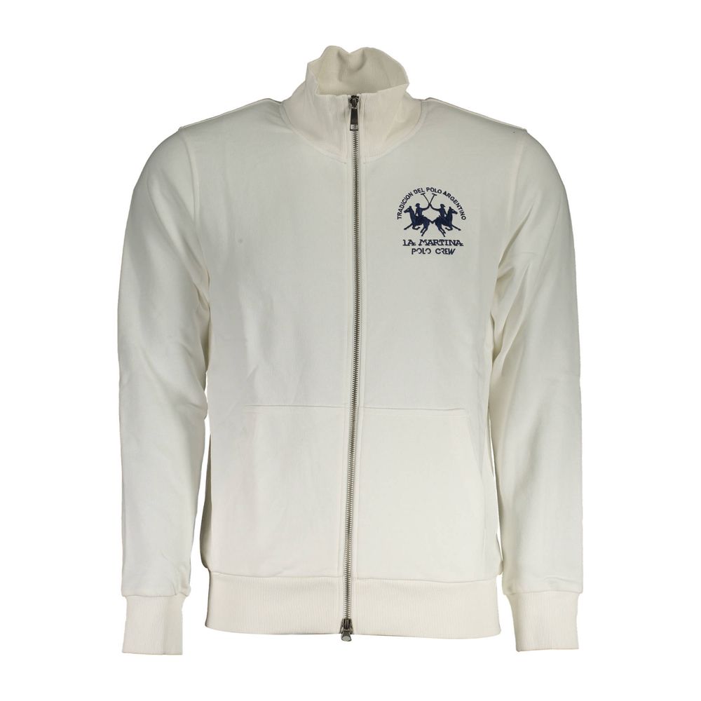 White Cotton Men Sweater With Zip and Pockets La Martina