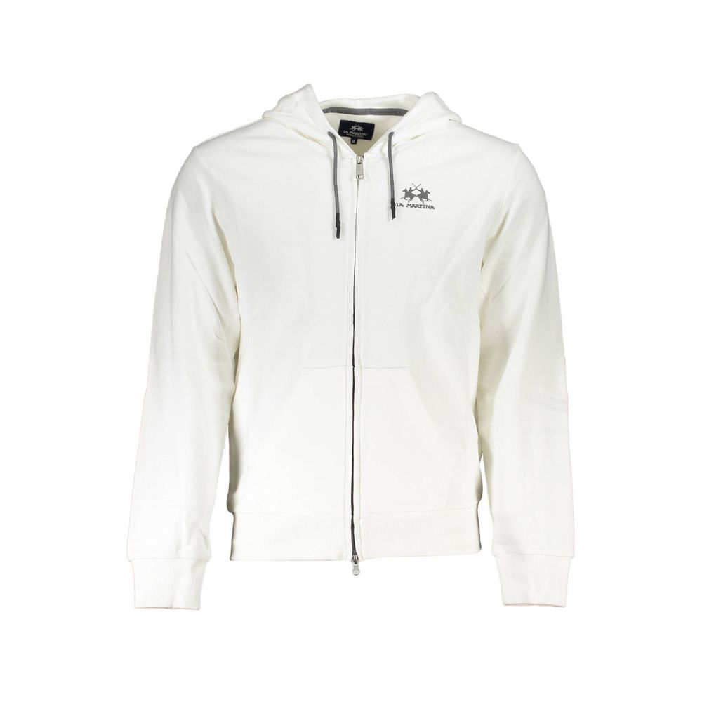 White Cotton Men Sweater with Hood and Zip Pockets La Martina