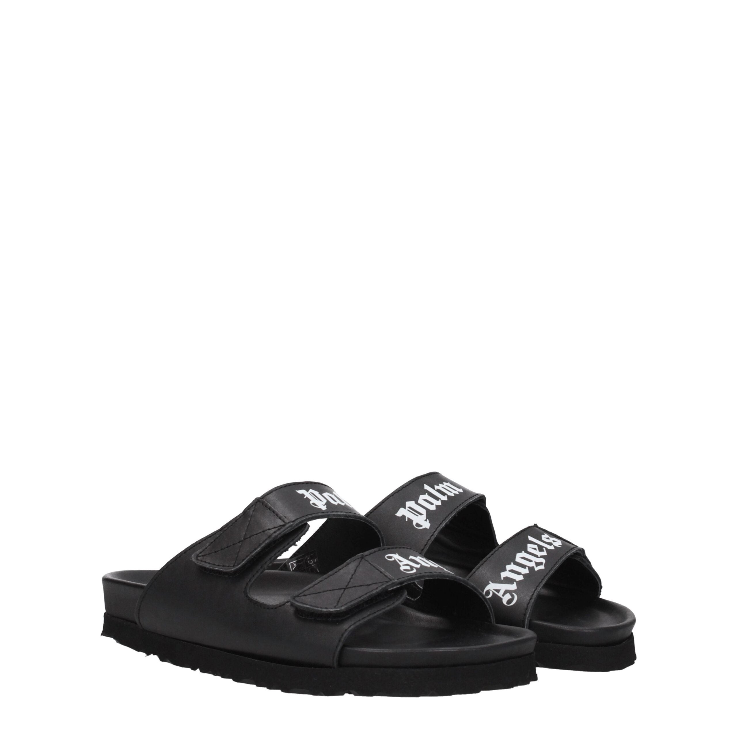 Black Leather Flat Sandals Palm Angels