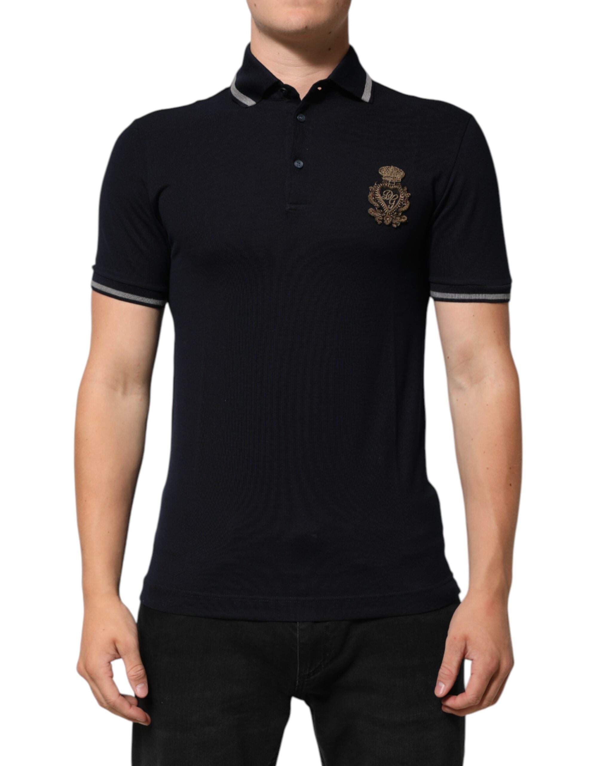 Navy Blue Cotton Crown Crest Logo Men T-Shirt Dolce & Gabbana