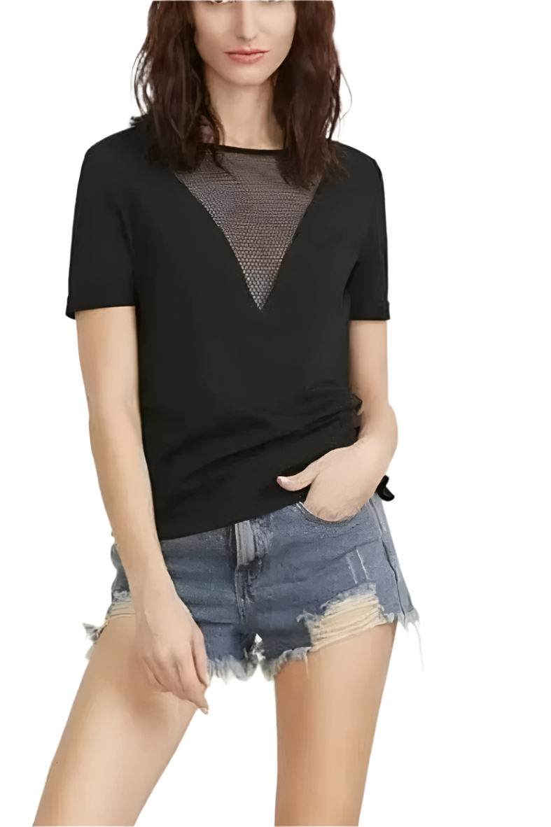 Black V-Neck Mesh Tee tops Shopella