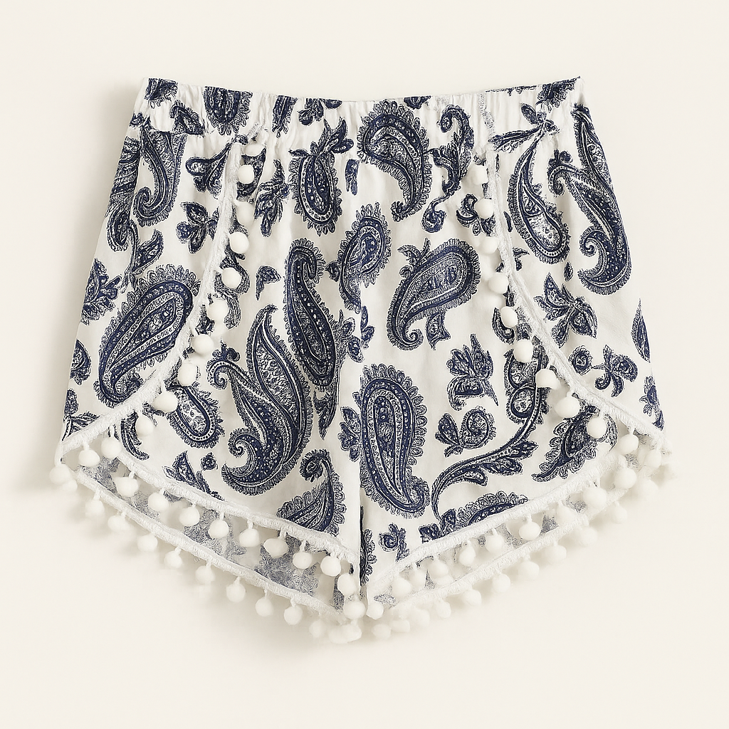 Paisley Pom-Pom Trim Shorts Shopella