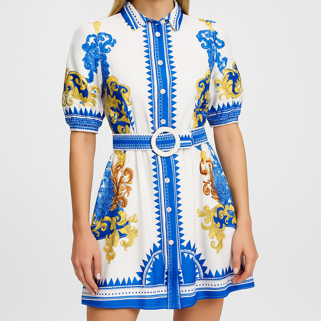 Mya Printed Lapel Dress Dresses kakaclo Blue S