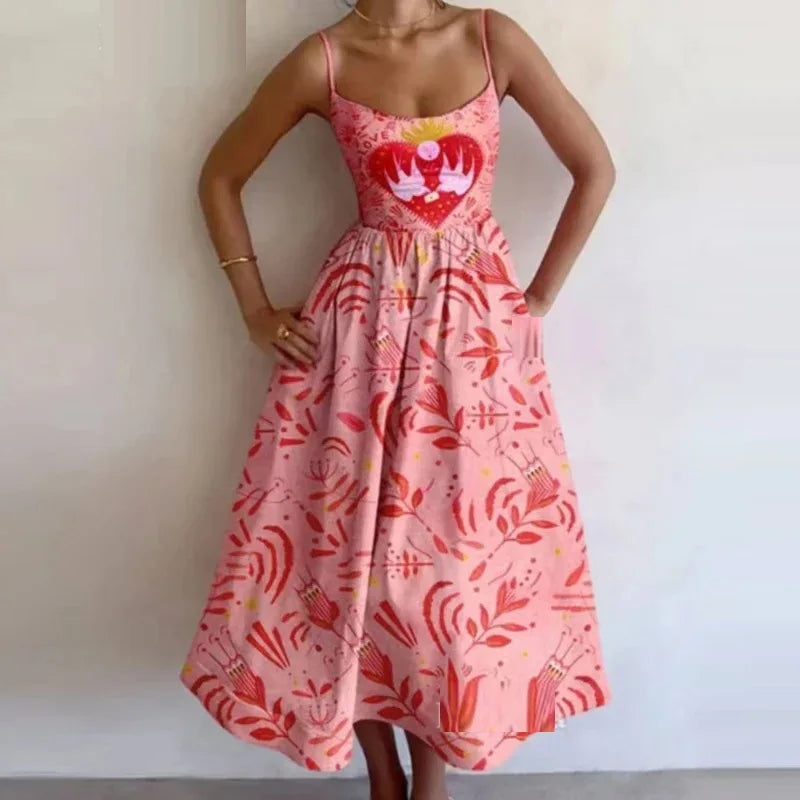 Printed Spaghetti Strap Backless A-Line Dress dresses Dropshipman Pink M