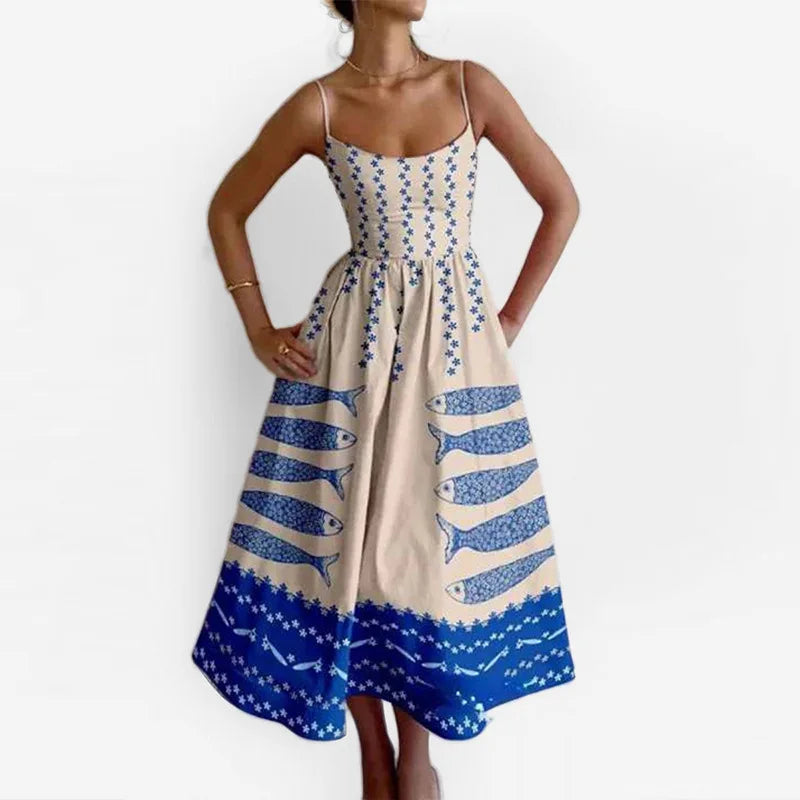 Printed Spaghetti Strap Backless A-Line Dress dresses Dropshipman Big-blue M