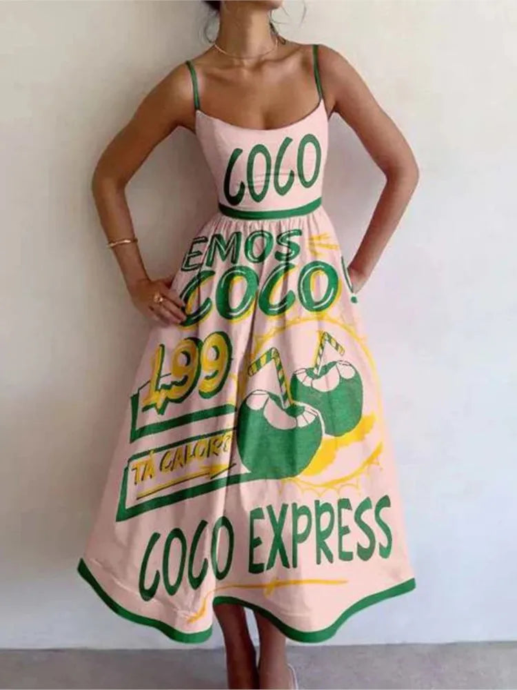 Printed Spaghetti Strap Backless A-Line Dress dresses Dropshipman